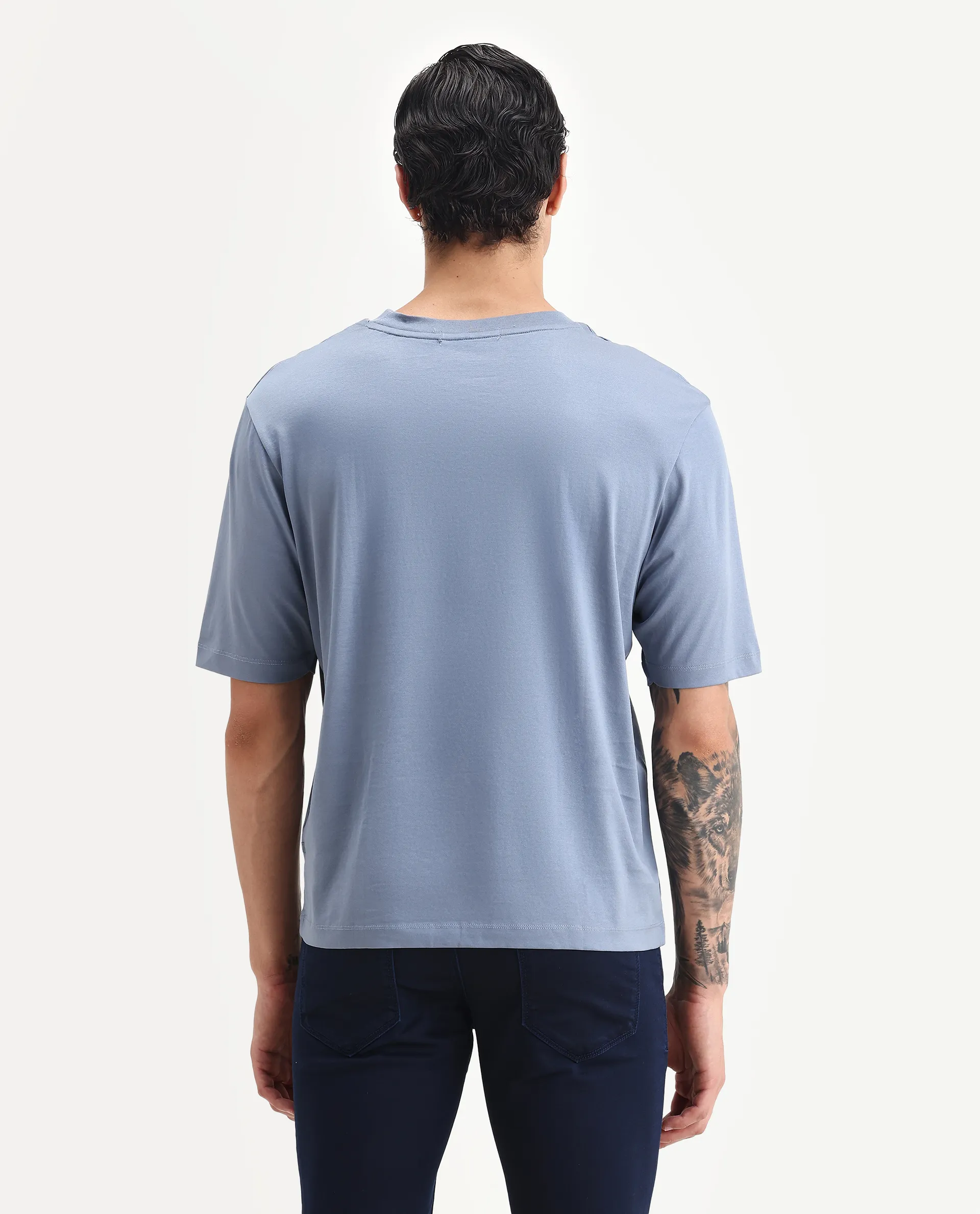 Rare Rabbit Men's Guild Casual Barcelon Dusky Blue Cotton Plain Oversized Fit Half Sleeve Crew Neck T-Shirt - Image 7
