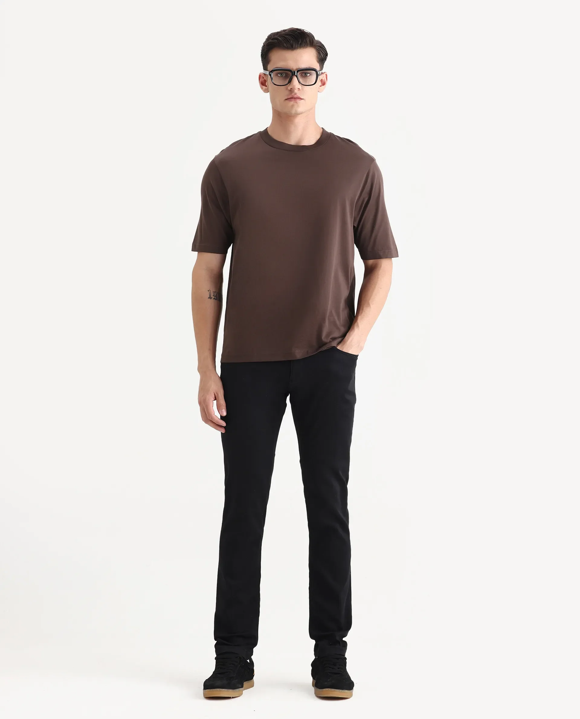 Rare Rabbit Men's Barcelon Dusky Brown Cotton Plain Oversized Fit Half Sleeve Crew Neck T-Shirt - Image 2