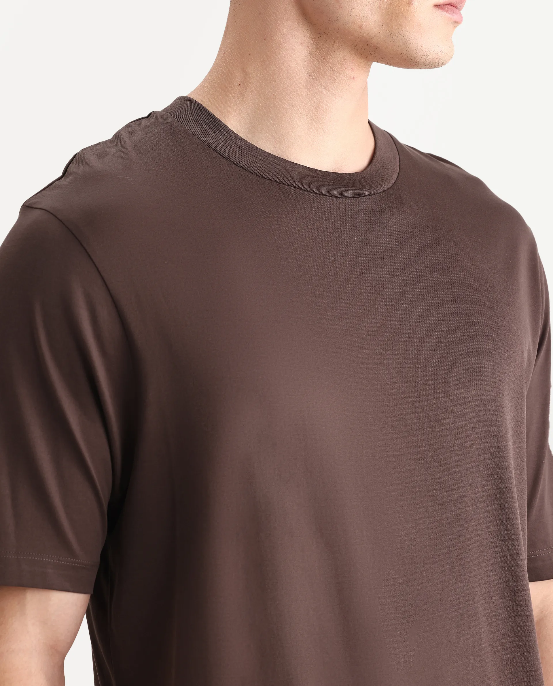 Rare Rabbit Men's Barcelon Dusky Brown Cotton Plain Oversized Fit Half Sleeve Crew Neck T-Shirt - Image 3
