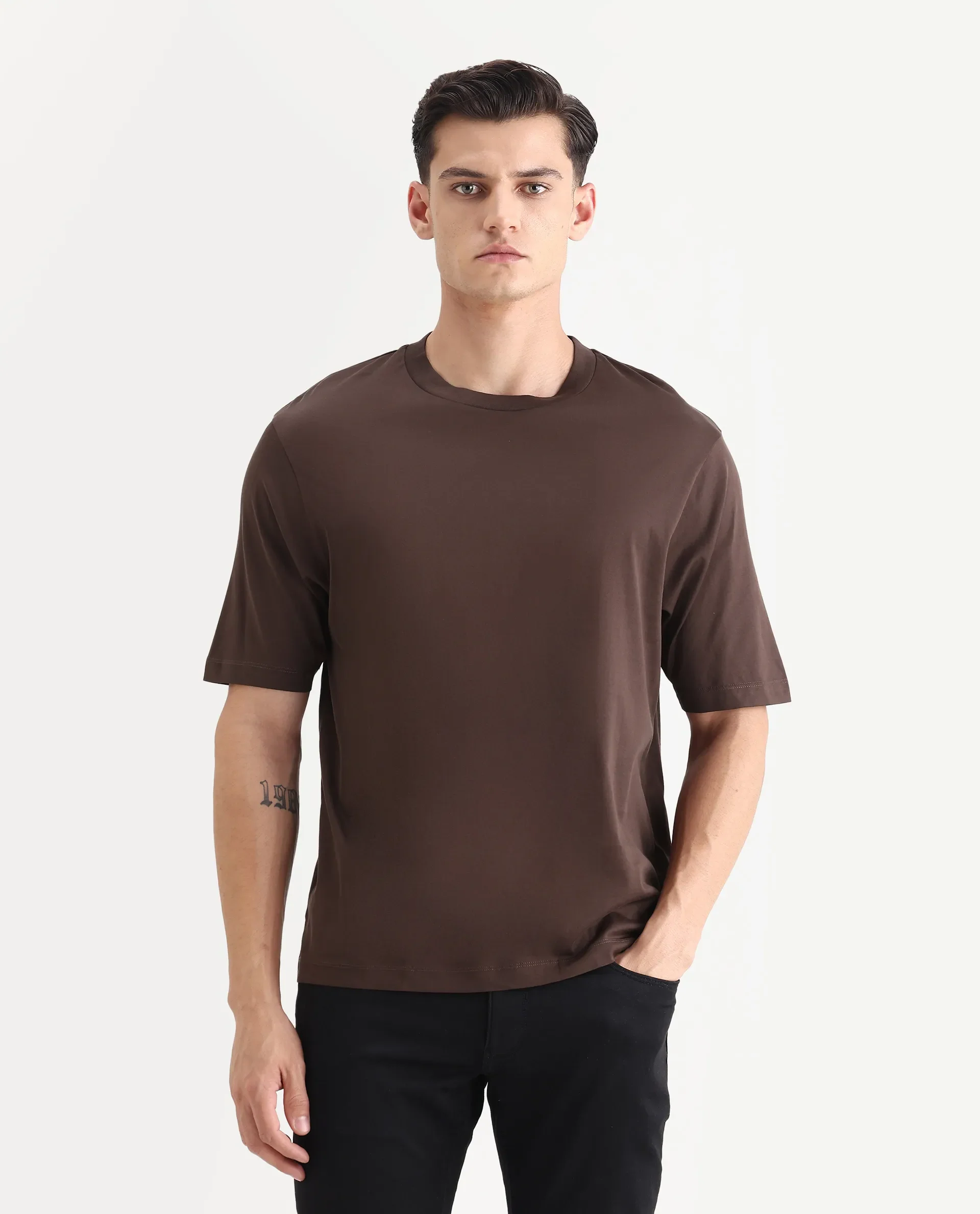 Rare Rabbit Men's Barcelon Dusky Brown Cotton Plain Oversized Fit Half Sleeve Crew Neck T-Shirt - Image 4