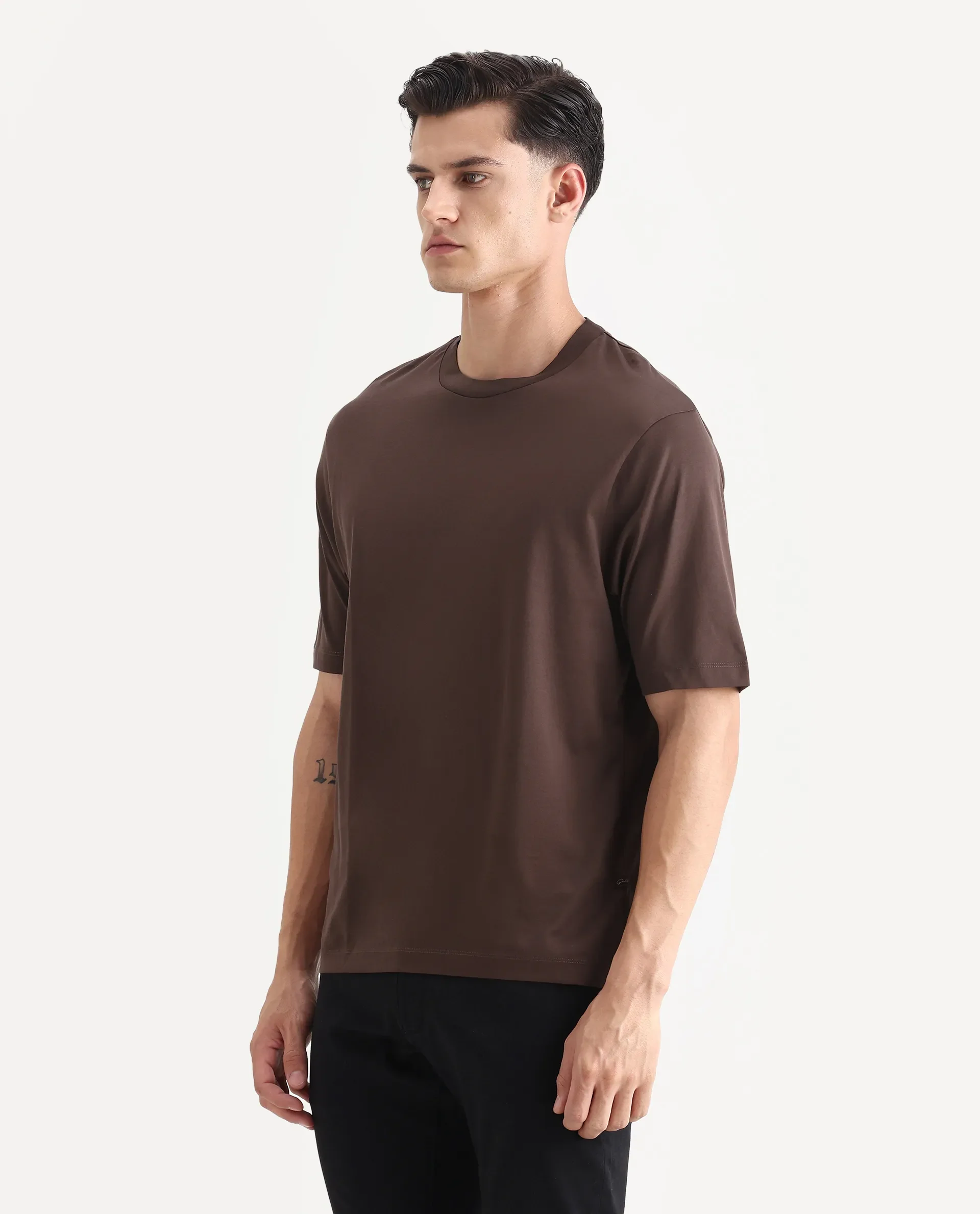 Rare Rabbit Men's Barcelon Dusky Brown Cotton Plain Oversized Fit Half Sleeve Crew Neck T-Shirt - Image 5