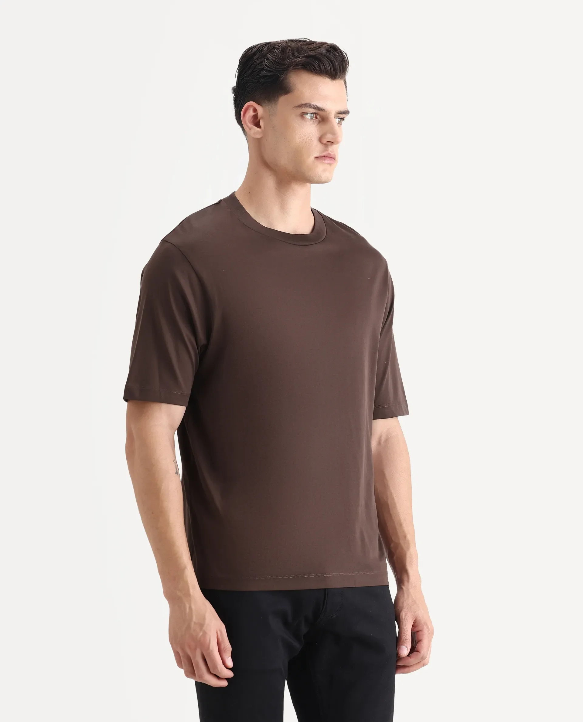 Rare Rabbit Men's Barcelon Dusky Brown Cotton Plain Oversized Fit Half Sleeve Crew Neck T-Shirt - Image 6