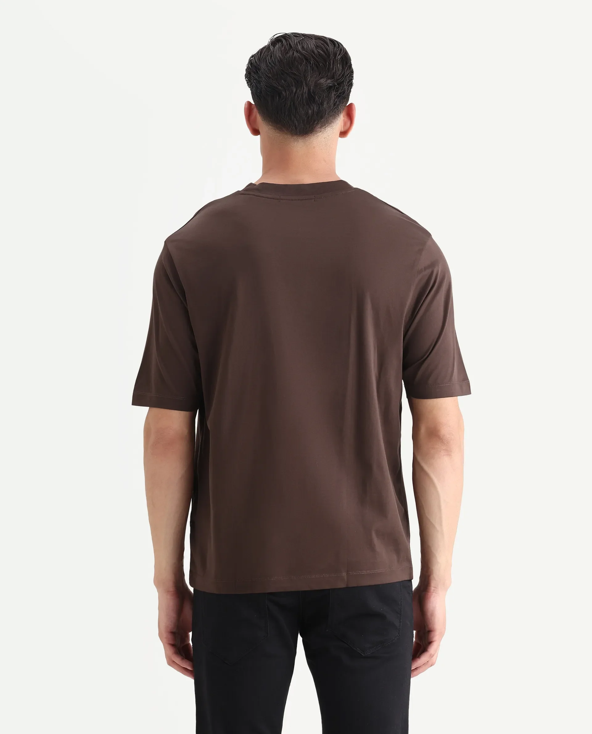 Rare Rabbit Men's Barcelon Dusky Brown Cotton Plain Oversized Fit Half Sleeve Crew Neck T-Shirt - Image 7
