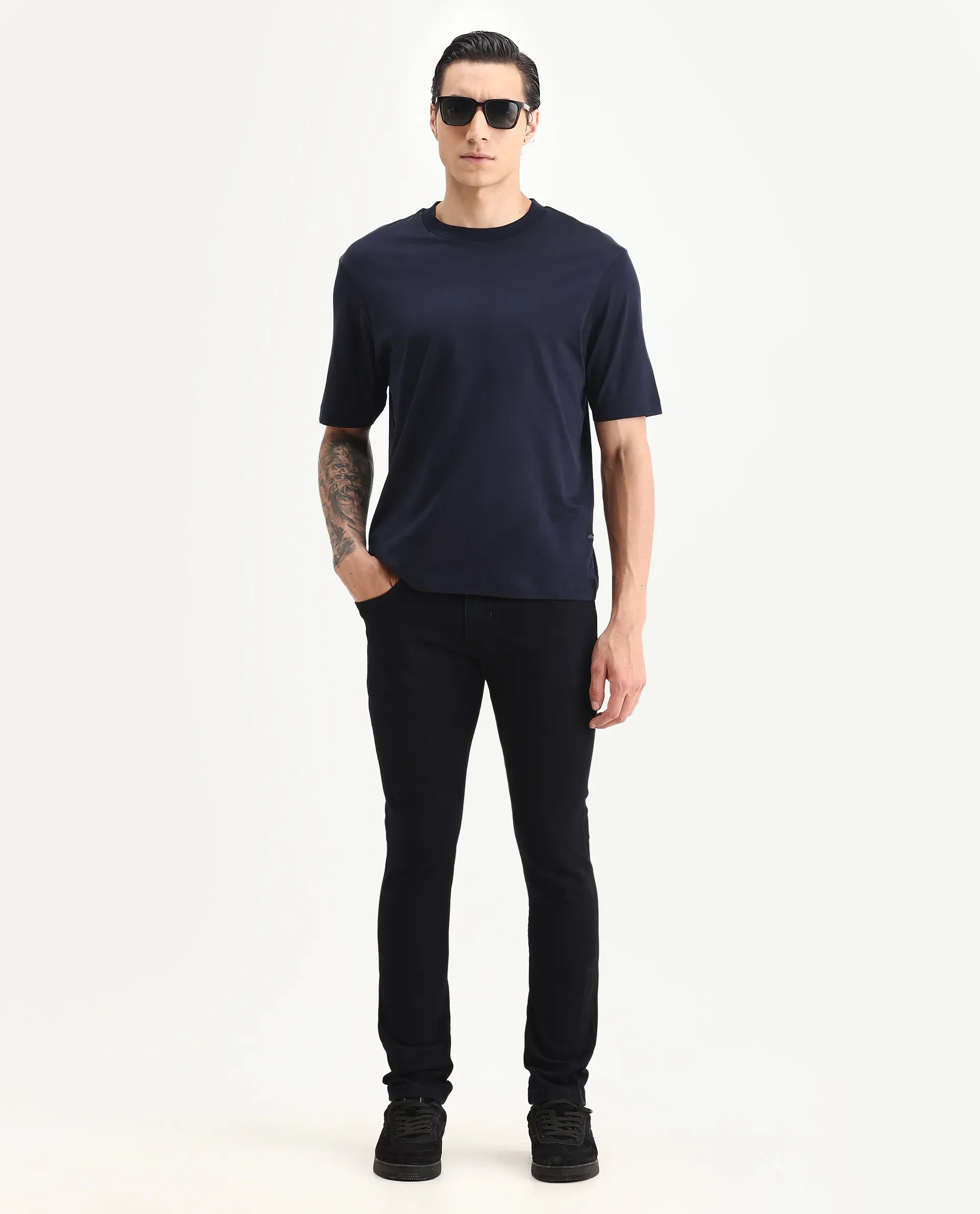 Rare Rabbit Men's Barcelon Navy Cotton Plain Oversized Fit Half Sleeve Crew Neck T-Shirt - Image 2