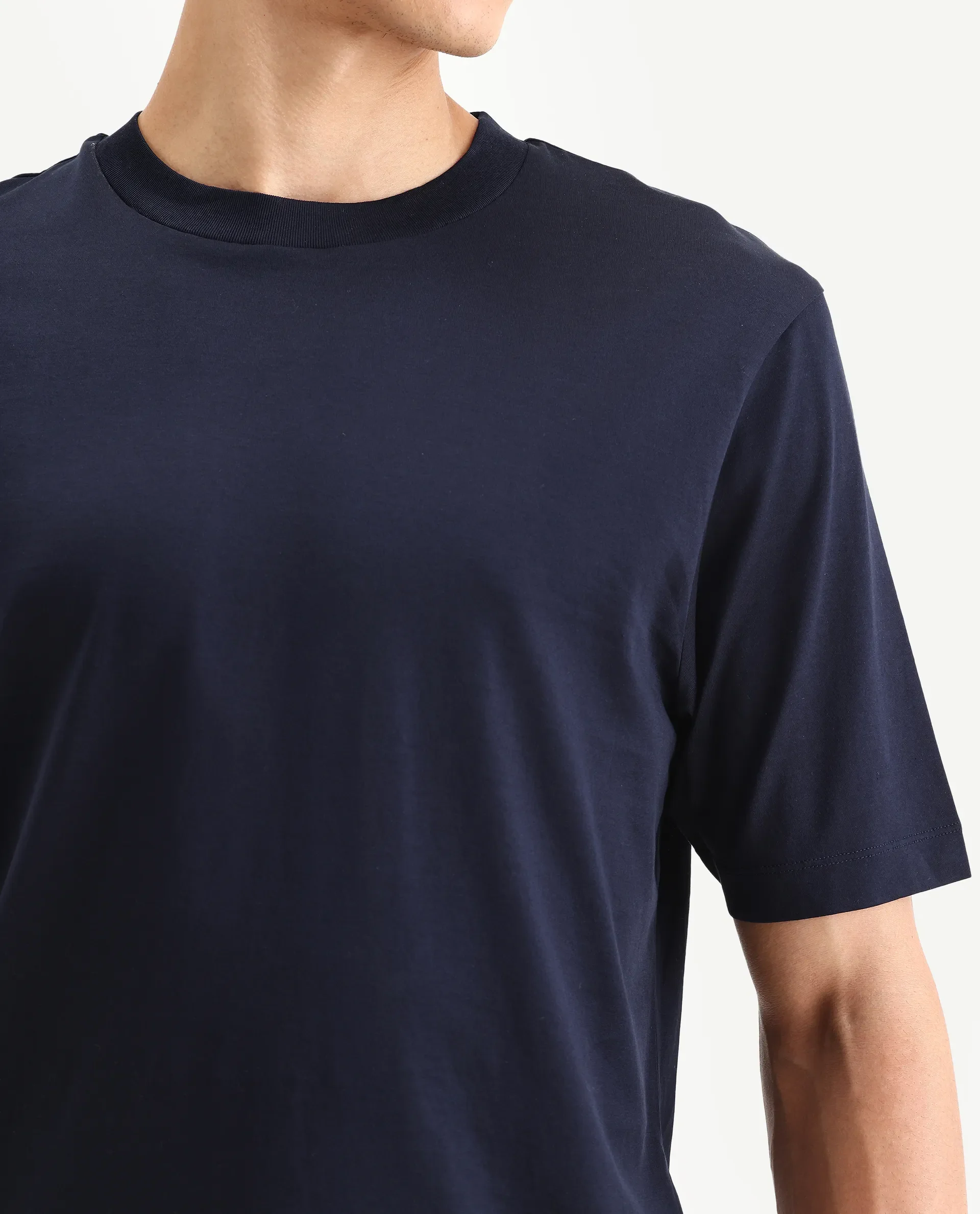 Rare Rabbit Men's Barcelon Navy Cotton Plain Oversized Fit Half Sleeve Crew Neck T-Shirt - Image 3