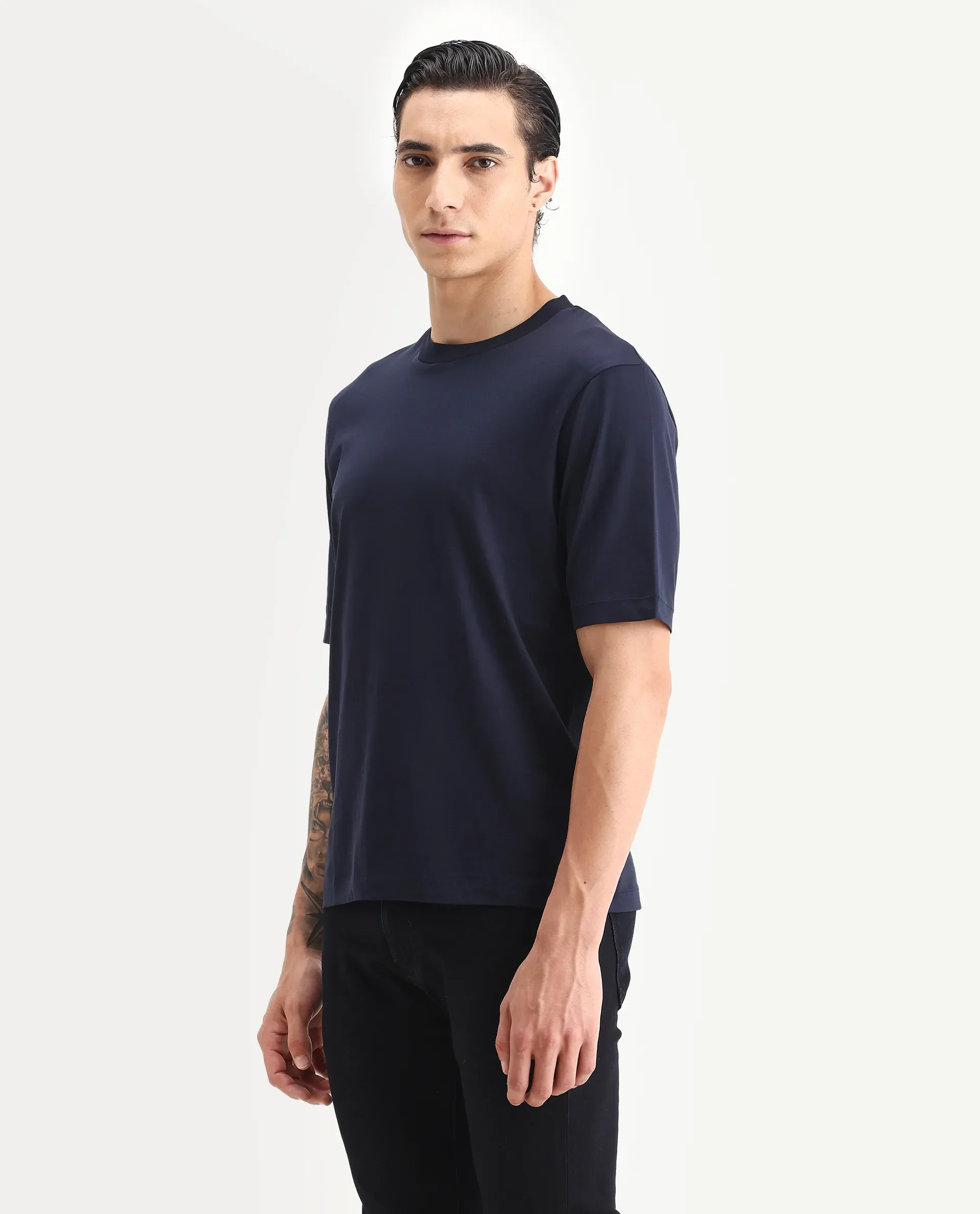 Rare Rabbit Men's Barcelon Navy Cotton Plain Oversized Fit Half Sleeve Crew Neck T-Shirt - Image 4