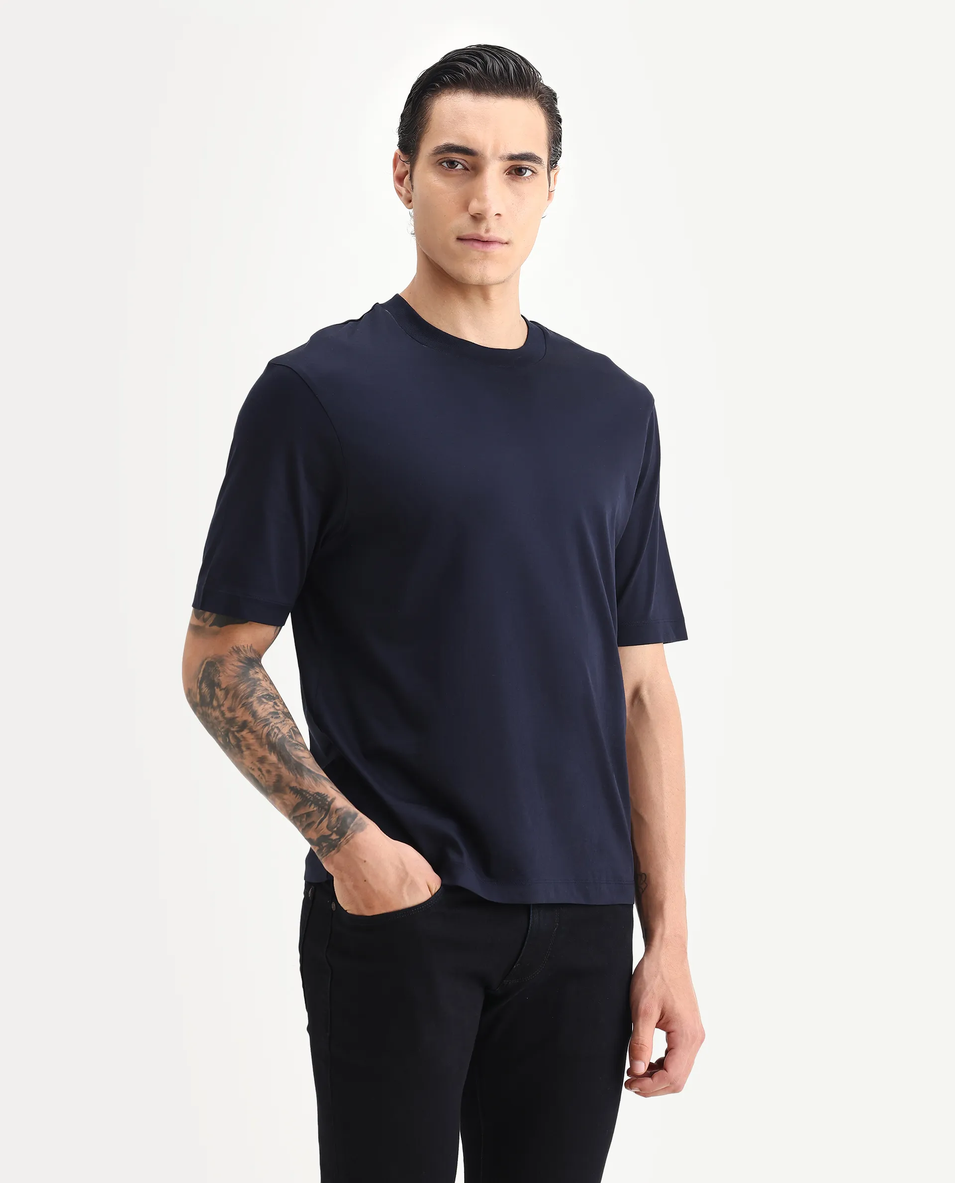 Rare Rabbit Men's Barcelon Navy Cotton Plain Oversized Fit Half Sleeve Crew Neck T-Shirt - Image 5