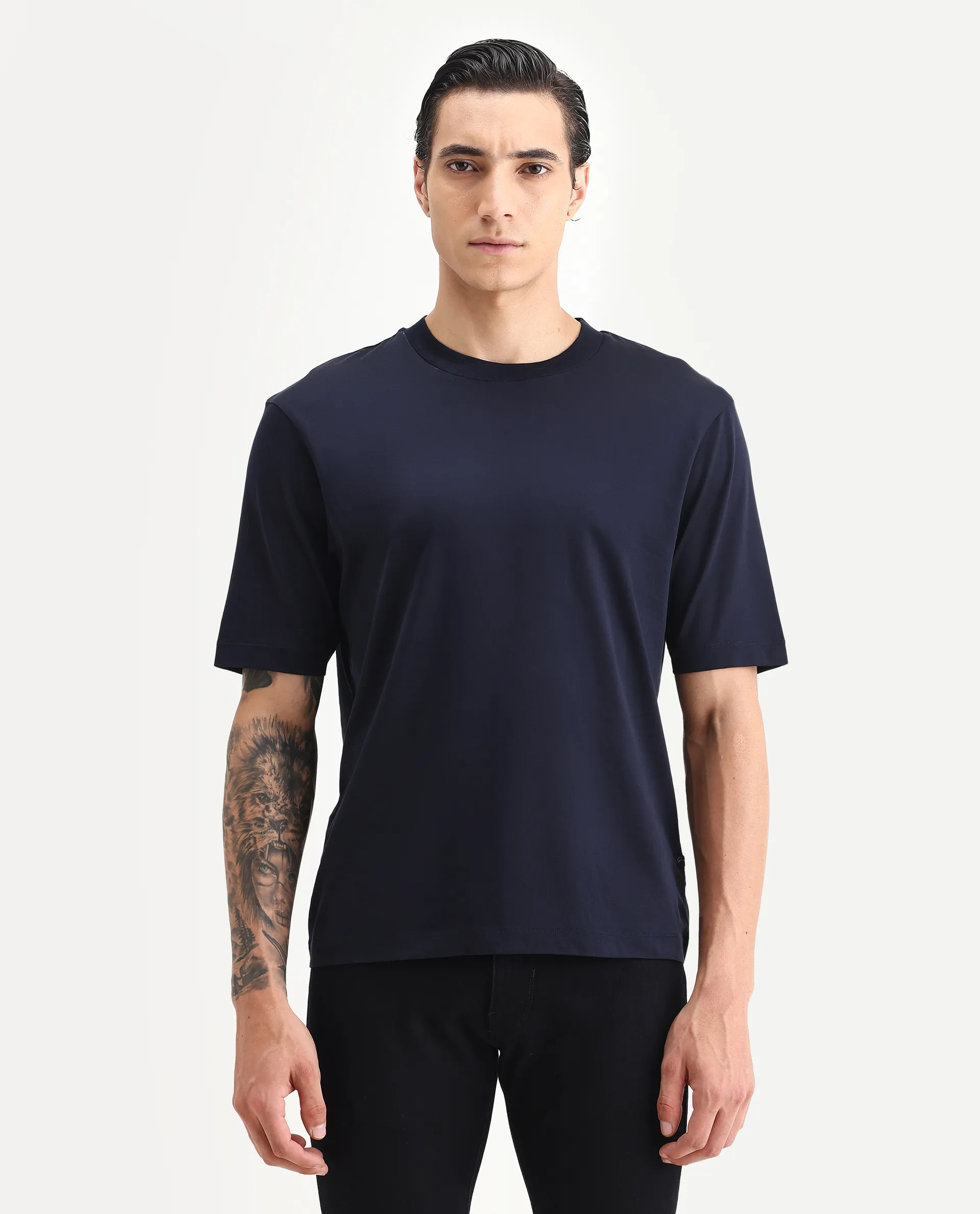 Rare Rabbit Men's Barcelon Navy Cotton Plain Oversized Fit Half Sleeve Crew Neck T-Shirt - Image 6