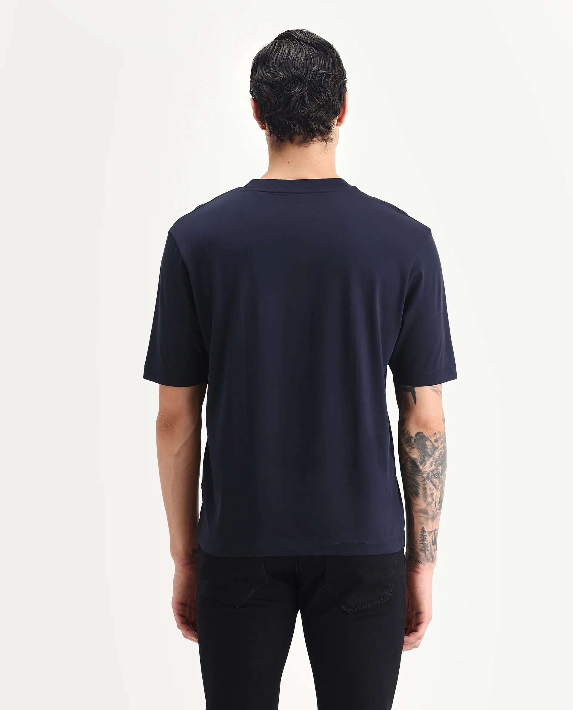 Rare Rabbit Men's Barcelon Navy Cotton Plain Oversized Fit Half Sleeve Crew Neck T-Shirt - Image 7