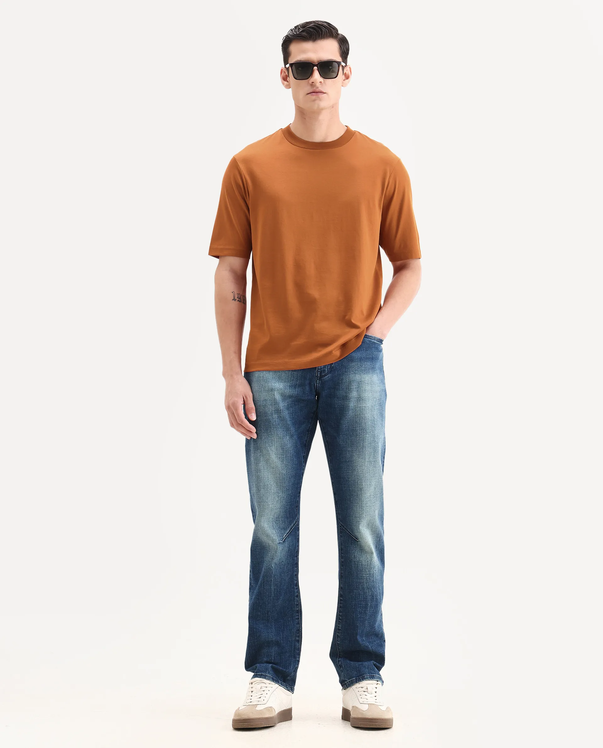 Rare Rabbit Men's Barcelon Rust Cotton Plain Oversized Fit Half Sleeve Crew Neck T-Shirt - Image 2