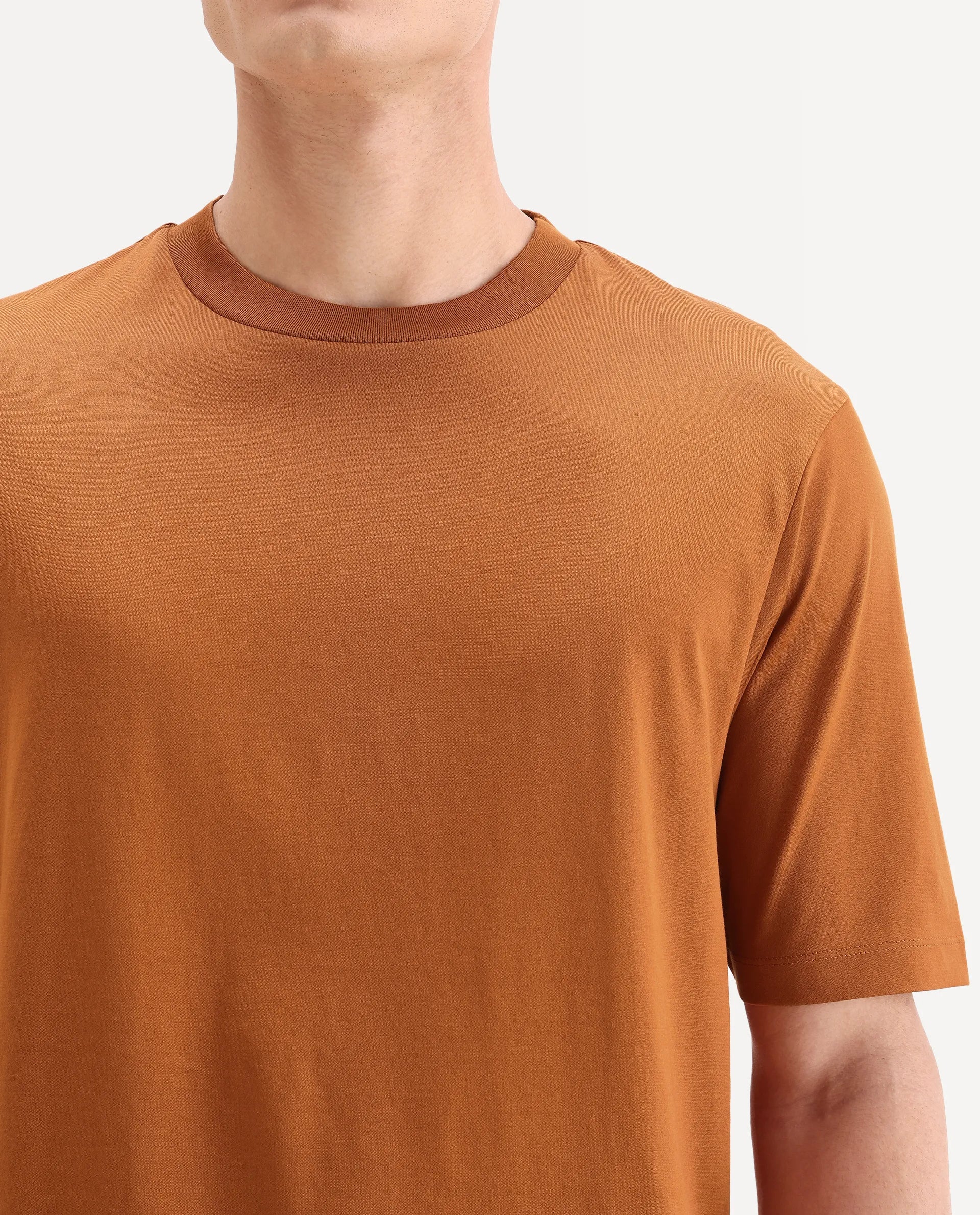 Rare Rabbit Men's Barcelon Rust Cotton Plain Oversized Fit Half Sleeve Crew Neck T-Shirt - Image 3