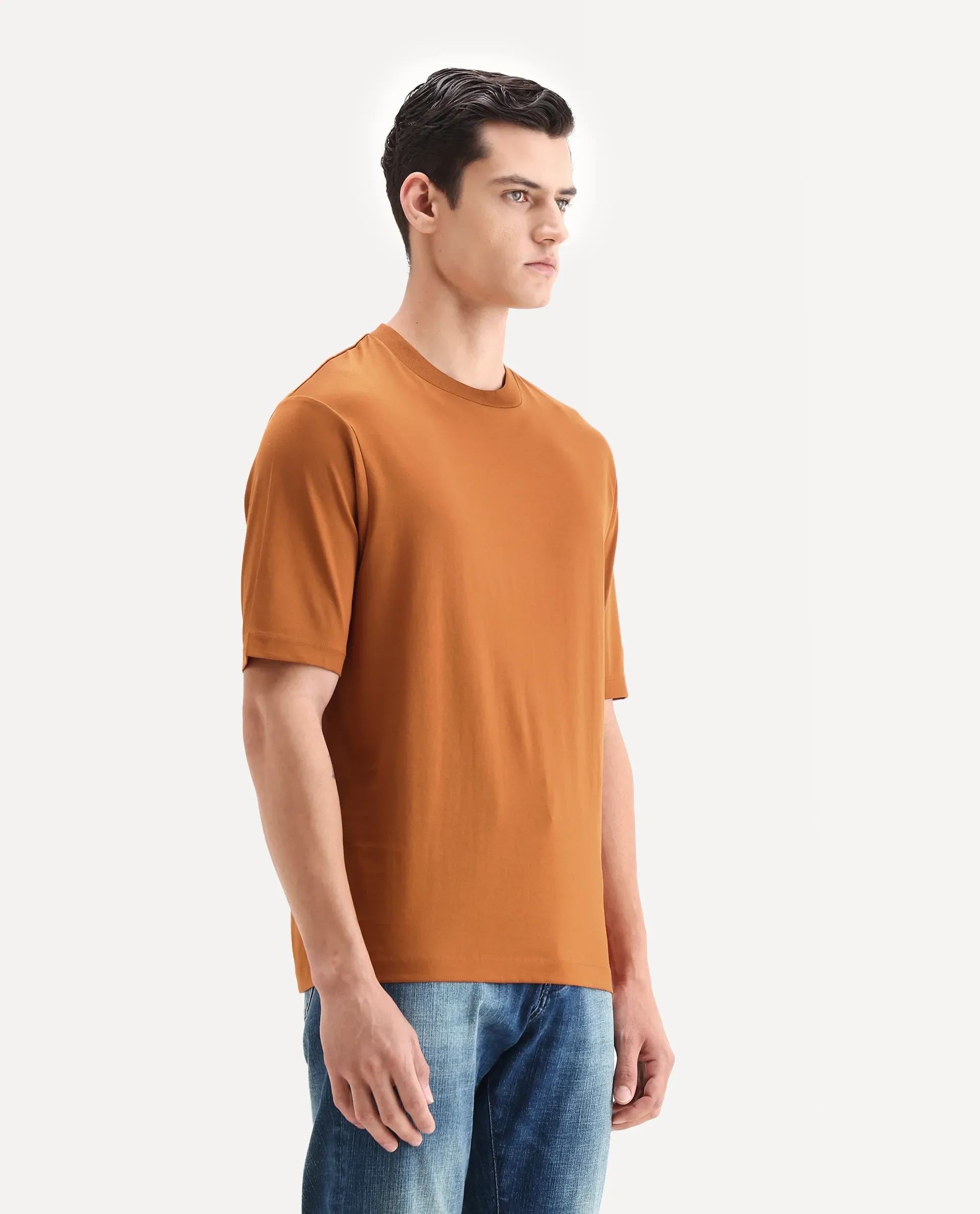 Rare Rabbit Men's Barcelon Rust Cotton Plain Oversized Fit Half Sleeve Crew Neck T-Shirt - Image 4