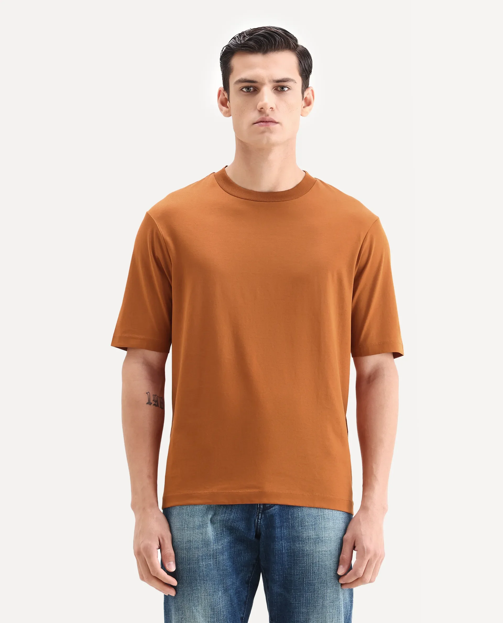 Rare Rabbit Men's Barcelon Rust Cotton Plain Oversized Fit Half Sleeve Crew Neck T-Shirt - Image 5