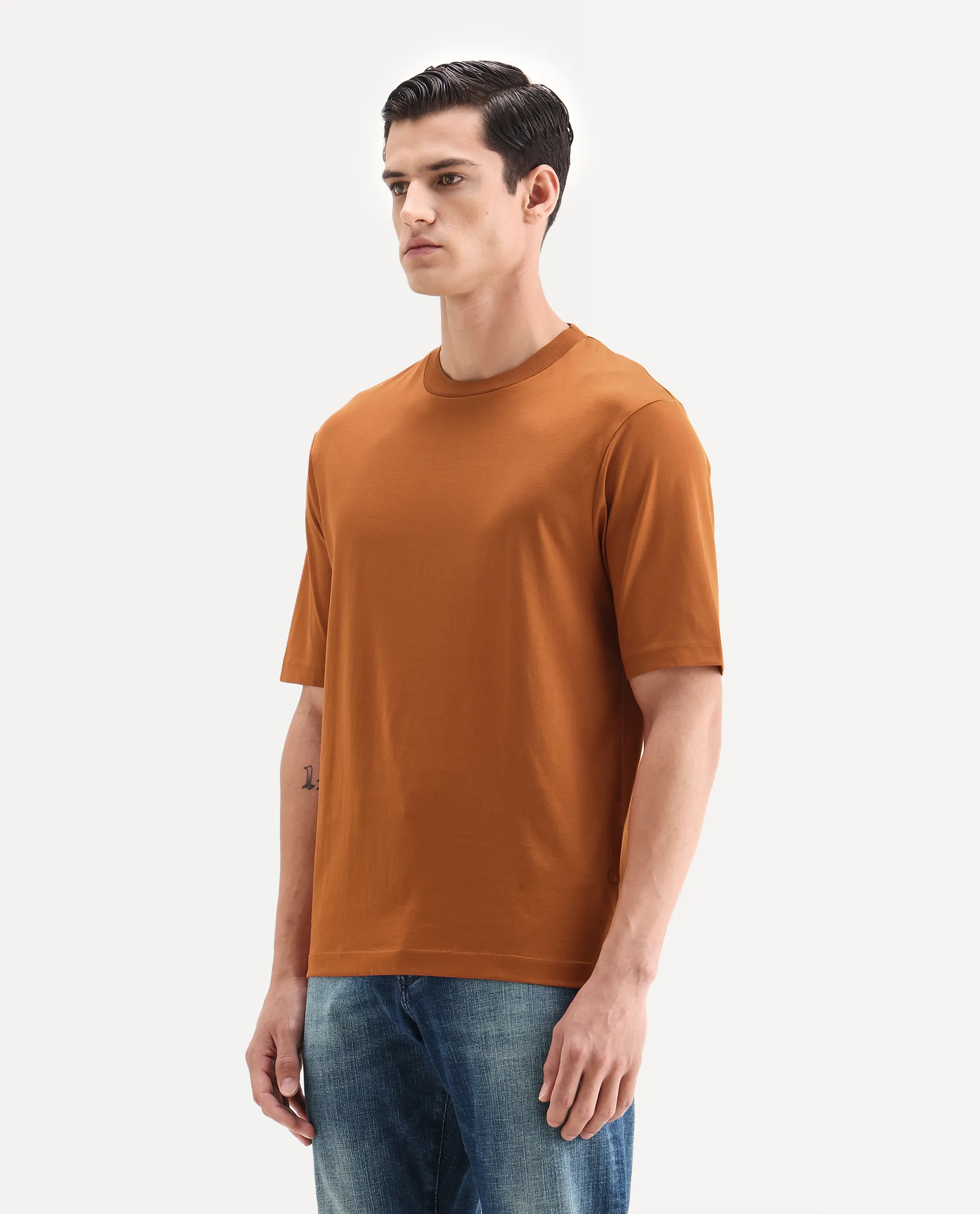 Rare Rabbit Men's Barcelon Rust Cotton Plain Oversized Fit Half Sleeve Crew Neck T-Shirt - Image 6