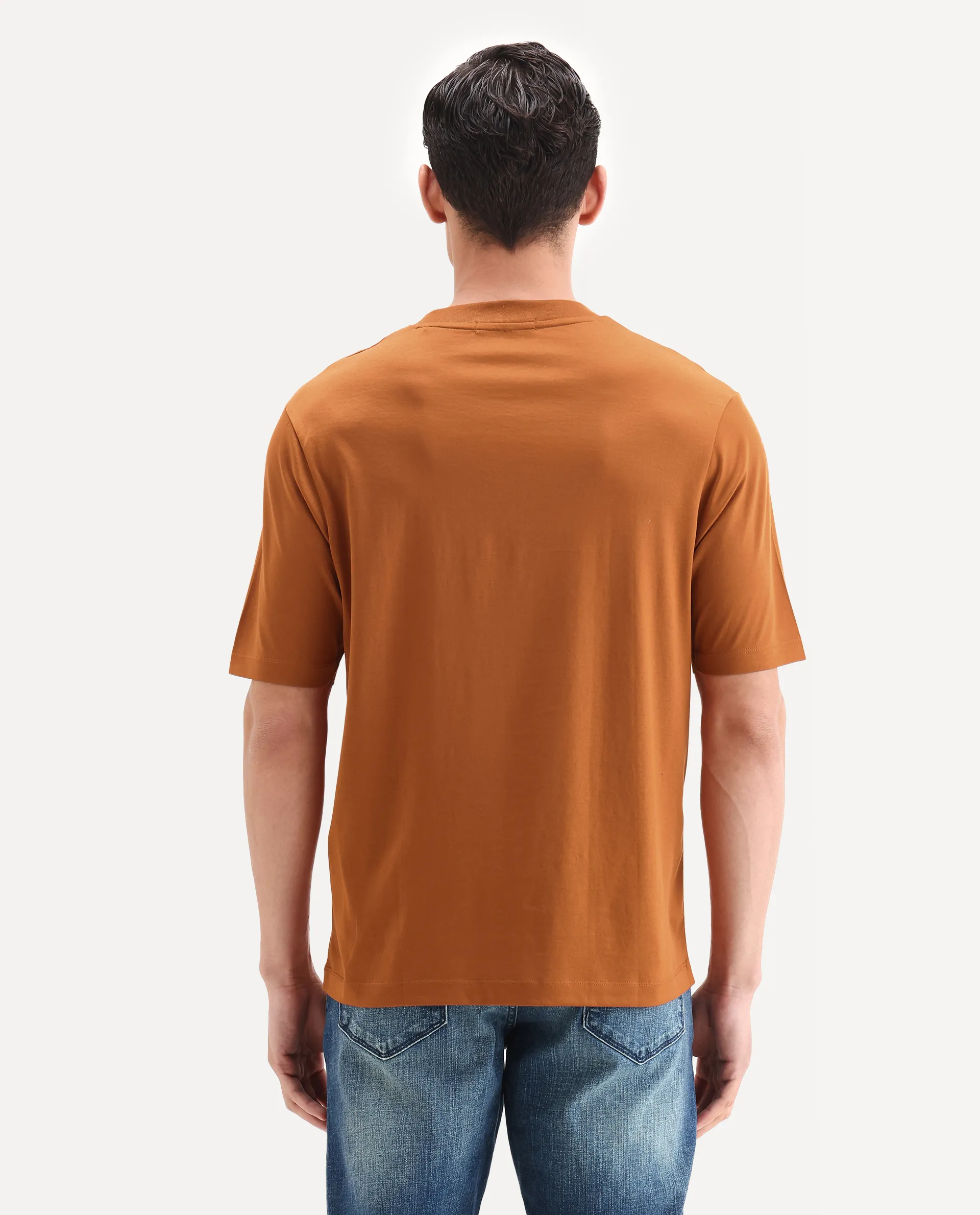 Rare Rabbit Men's Barcelon Rust Cotton Plain Oversized Fit Half Sleeve Crew Neck T-Shirt - Image 7