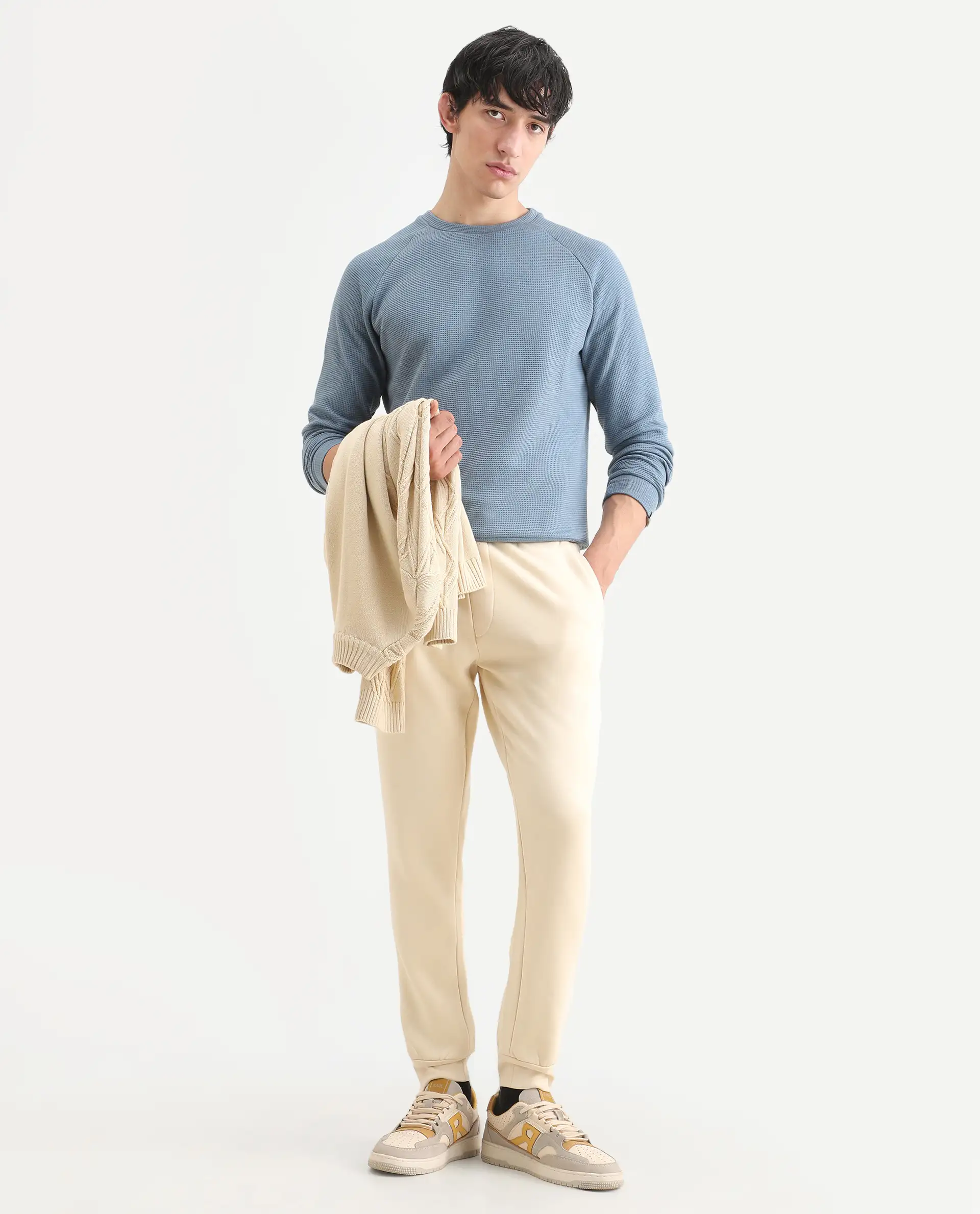 Rare Rabbit Men's Bard Light Yellow Cotton Plain Regular Fit Track Pant