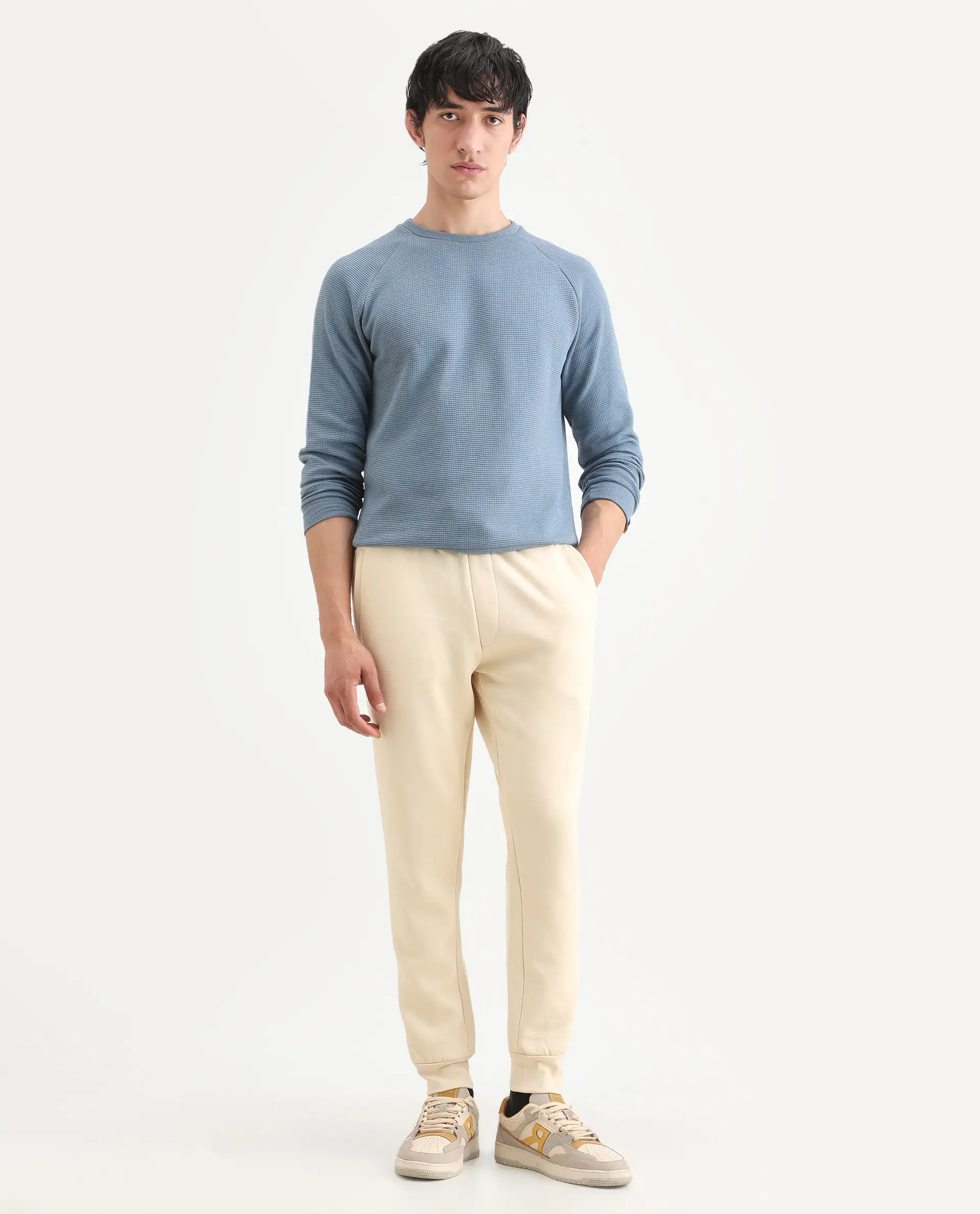 Rare Rabbit Men's Bard Light Yellow Cotton Plain Regular Fit Track Pant - Image 2