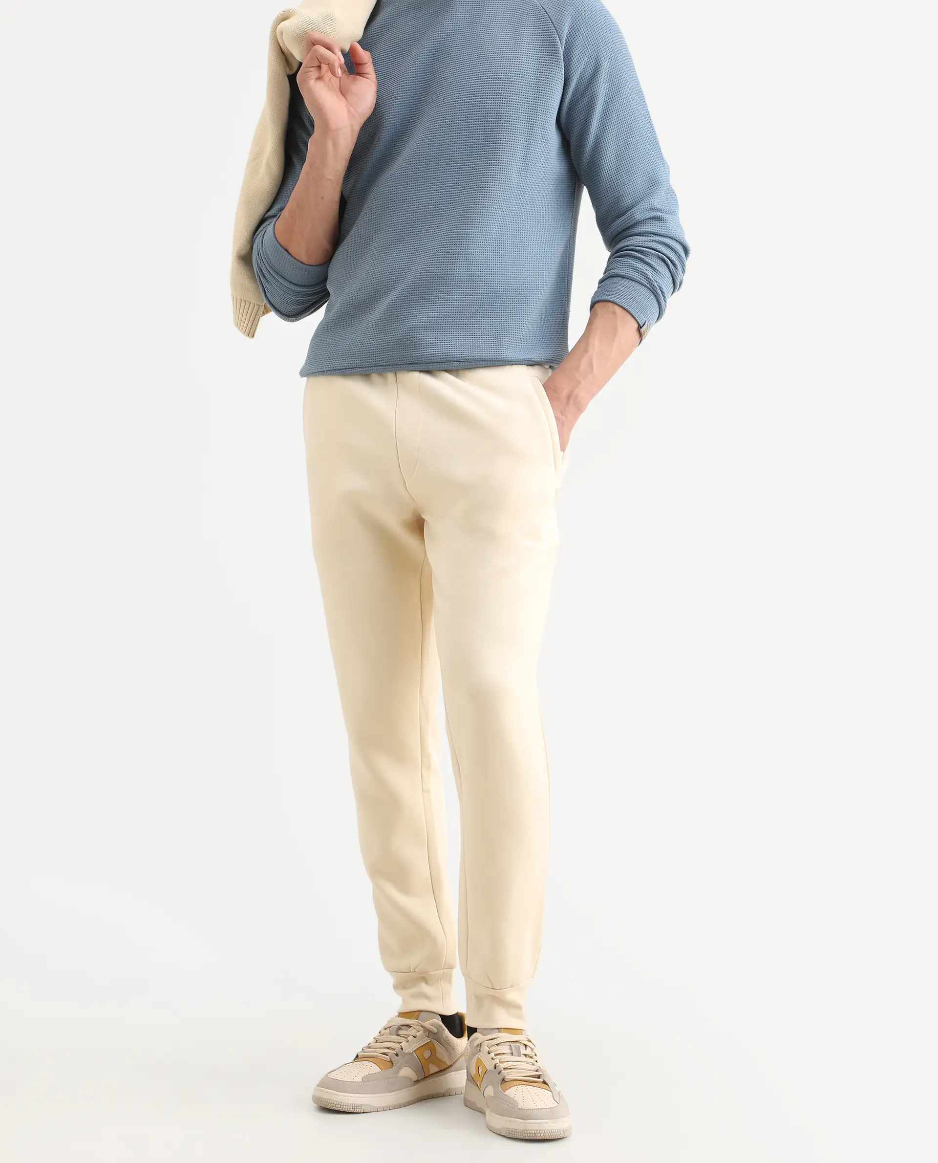Rare Rabbit Men's Bard Light Yellow Cotton Plain Regular Fit Track Pant - Image 3