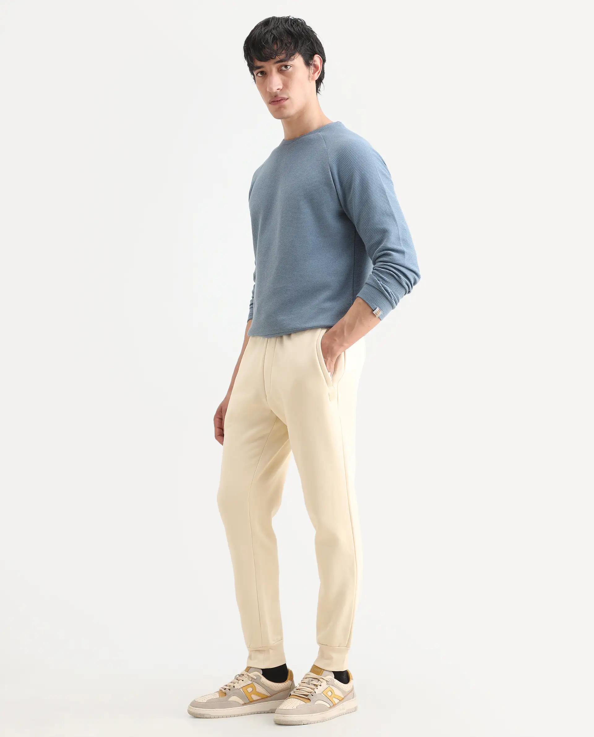 Rare Rabbit Men's Bard Light Yellow Cotton Plain Regular Fit Track Pant - Image 5