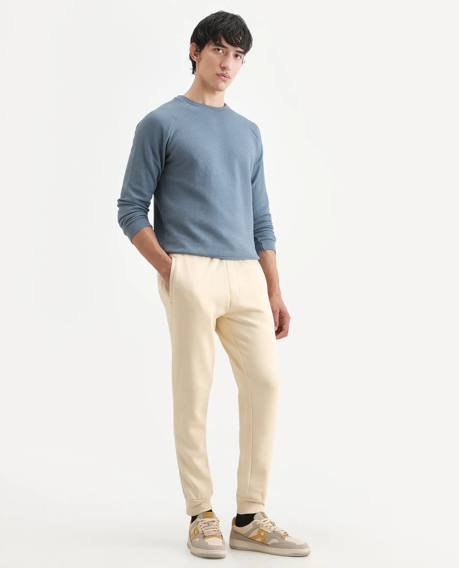 Rare Rabbit Men's Bard Light Yellow Cotton Plain Regular Fit Track Pant - Image 6
