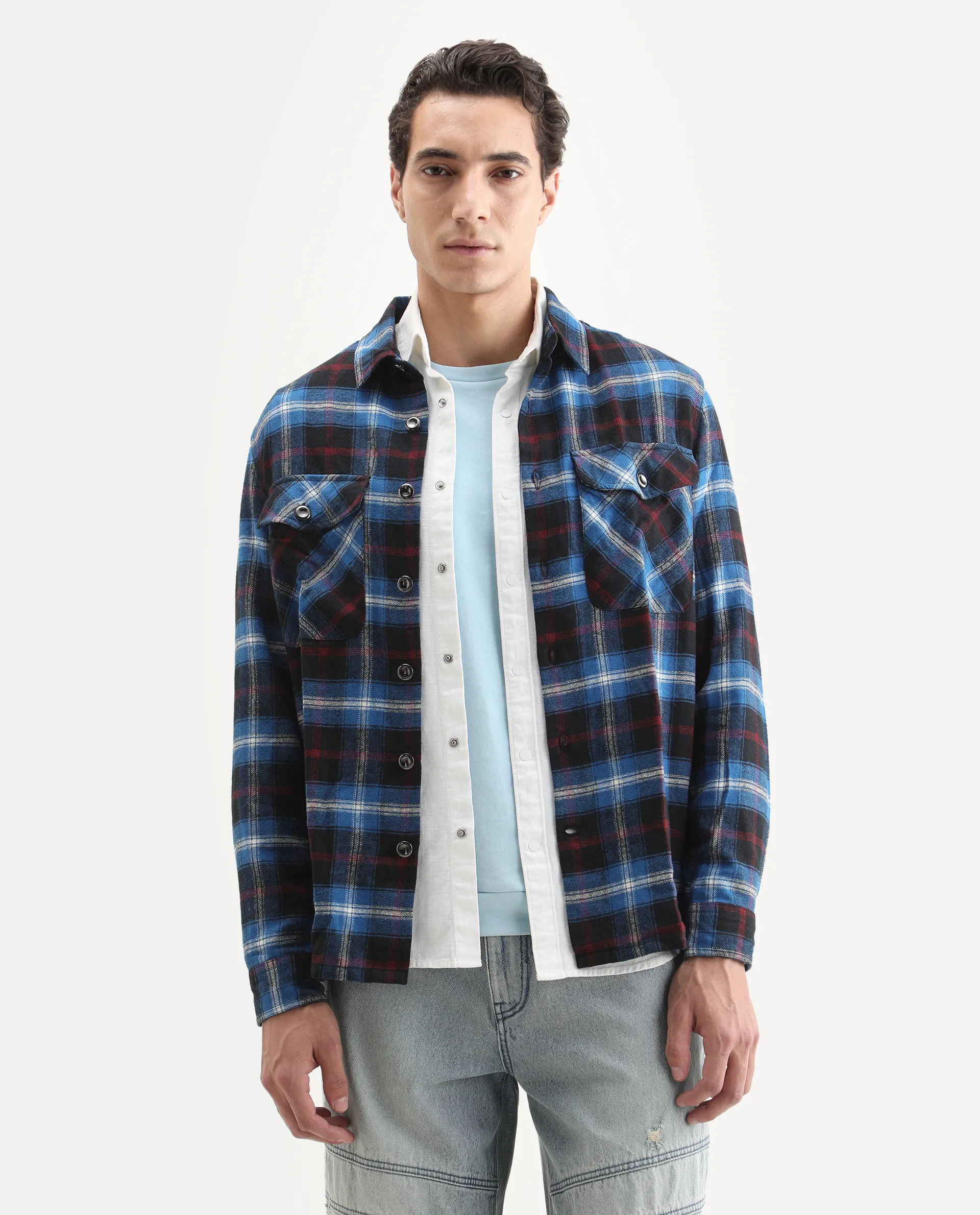 Rare Rabbit Men's Bardot Dark Blue Cotton Checked Print Relaxed Fit Full Sleeve Collared Shacket - Image 3