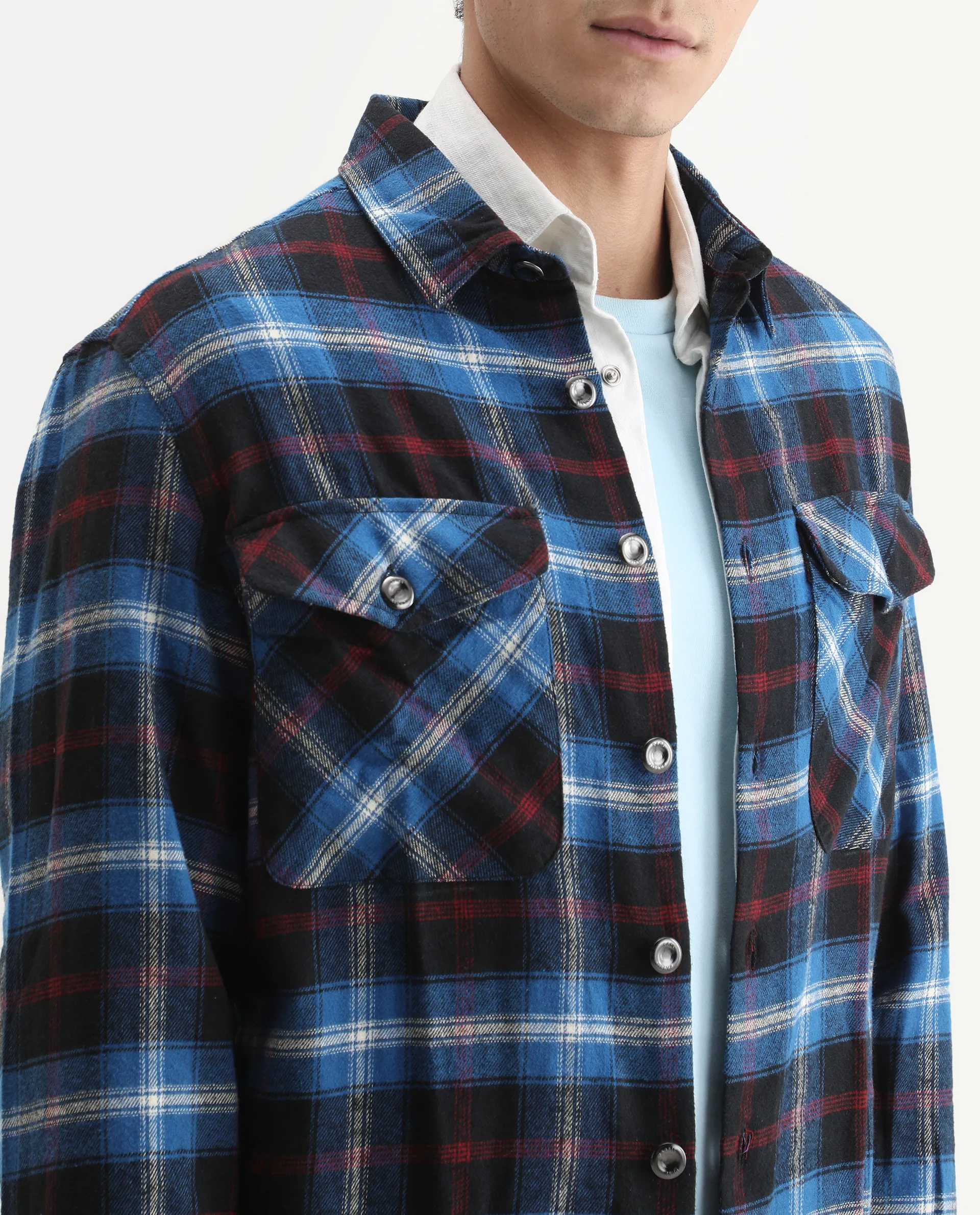 Rare Rabbit Men's Bardot Dark Blue Cotton Checked Print Relaxed Fit Full Sleeve Collared Shacket - Image 4
