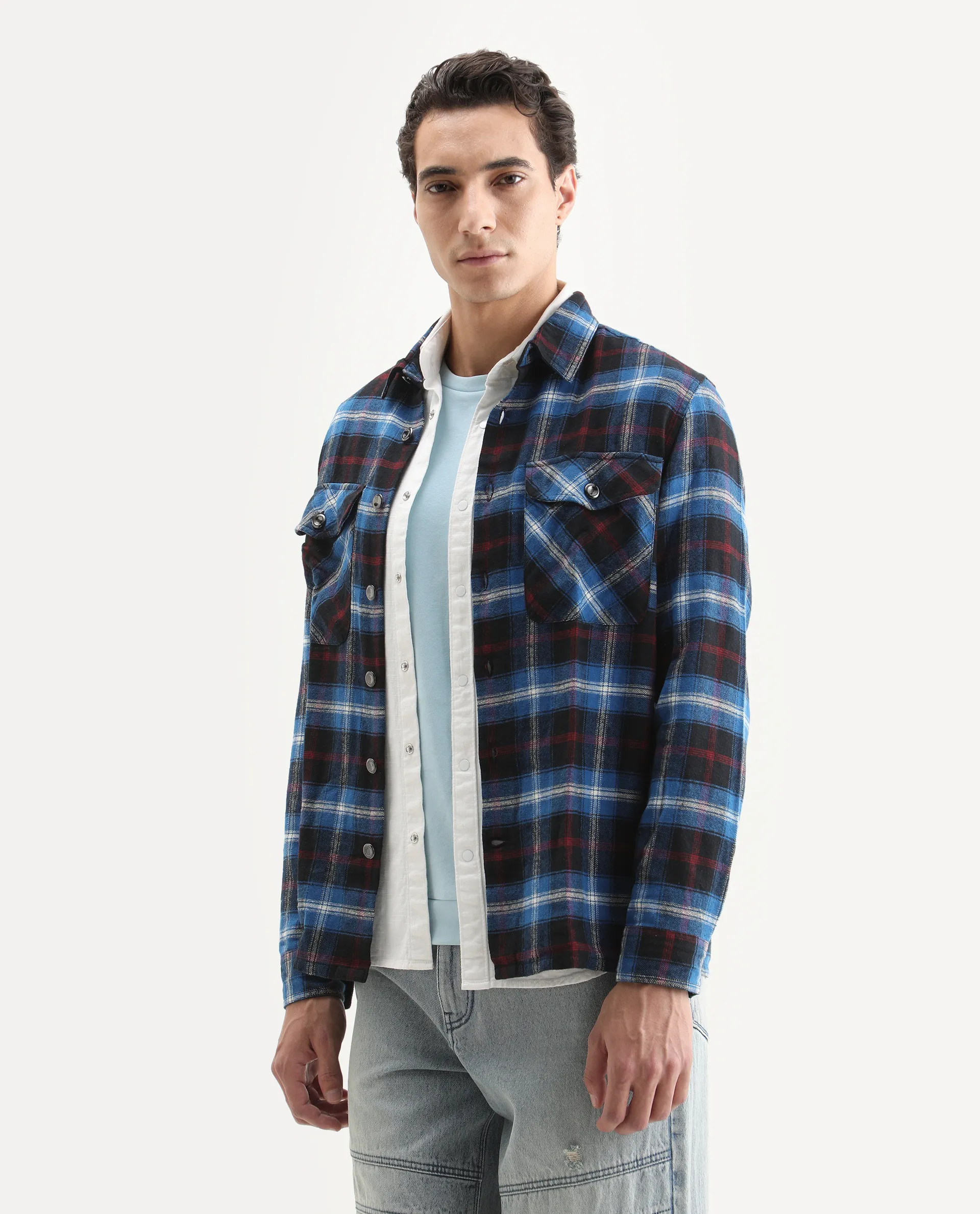 Rare Rabbit Men's Bardot Dark Blue Cotton Checked Print Relaxed Fit Full Sleeve Collared Shacket - Image 5