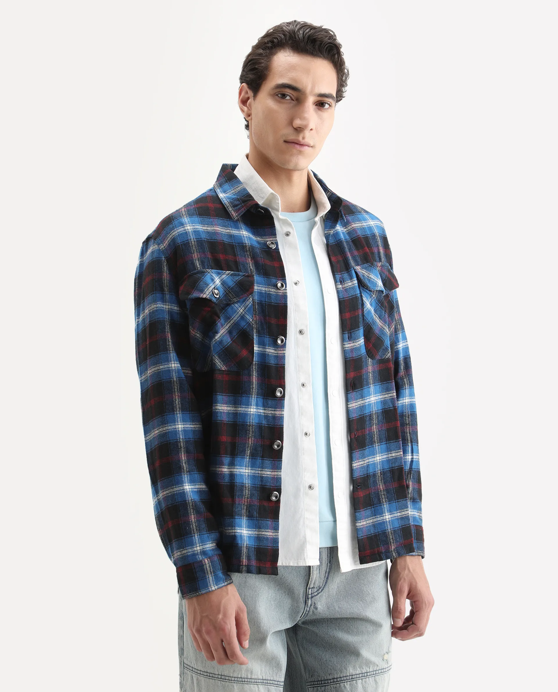 Rare Rabbit Men's Bardot Dark Blue Cotton Checked Print Relaxed Fit Full Sleeve Collared Shacket - Image 6