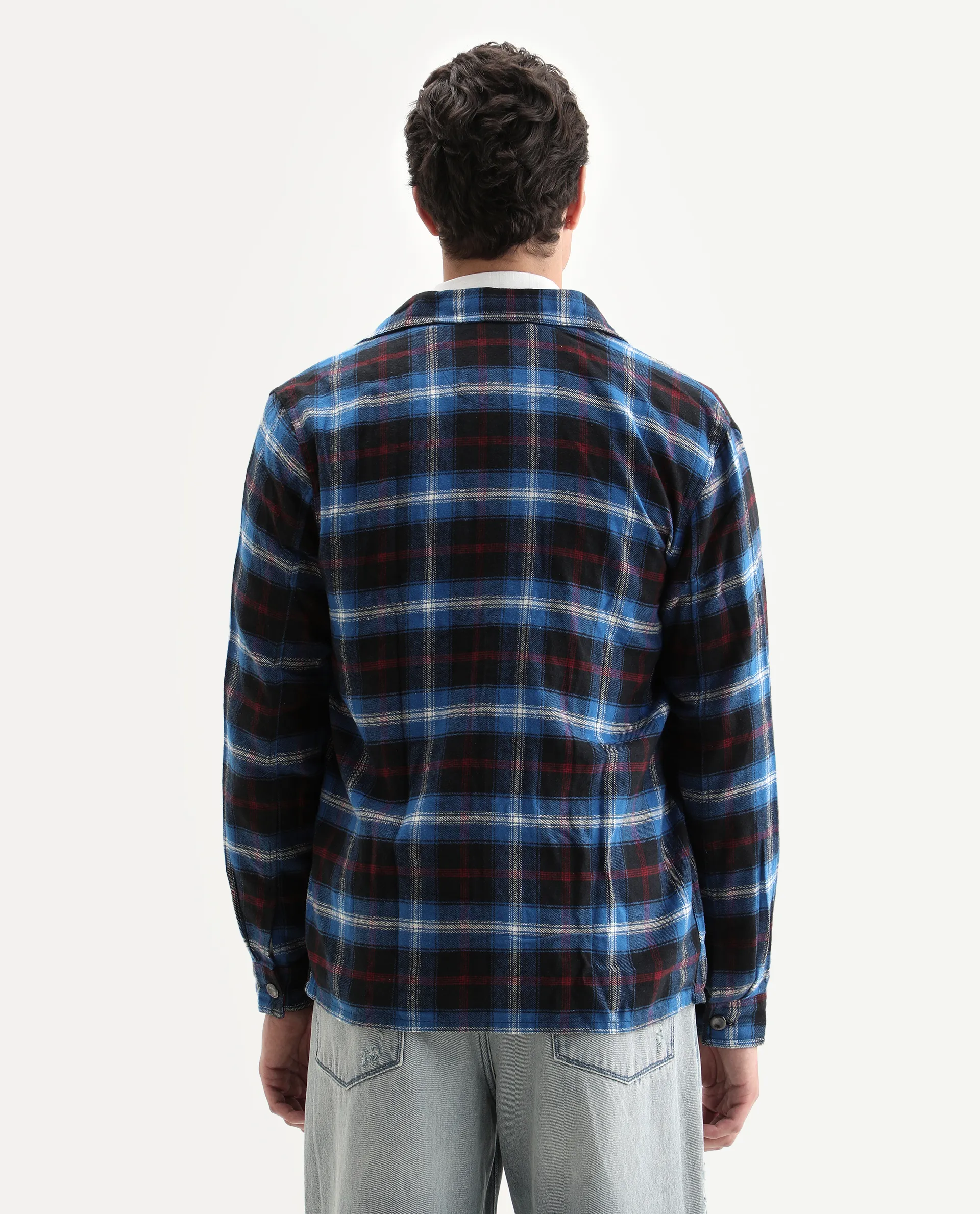 Rare Rabbit Men's Bardot Dark Blue Cotton Checked Print Relaxed Fit Full Sleeve Collared Shacket - Image 7