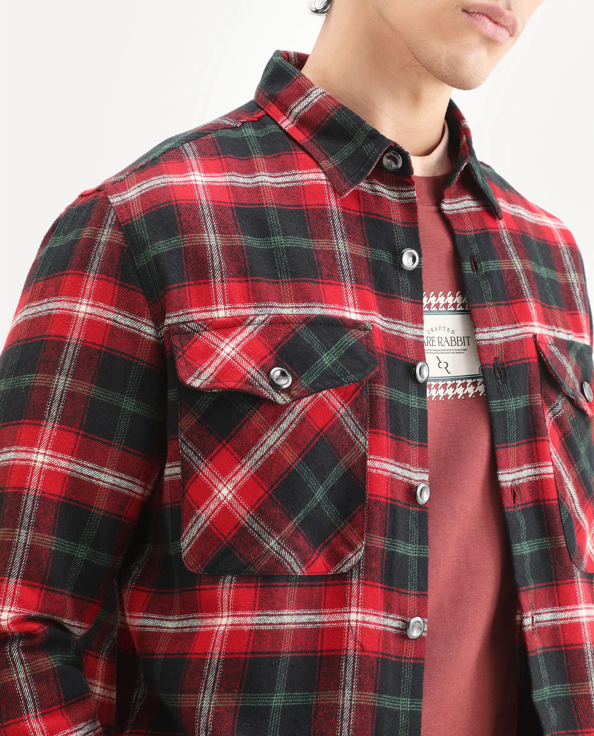 Rare Rabbit Men's Bardot Dark Red Cotton Checked Print Relaxed Fit Full Sleeve Collared Shacket - Image 3