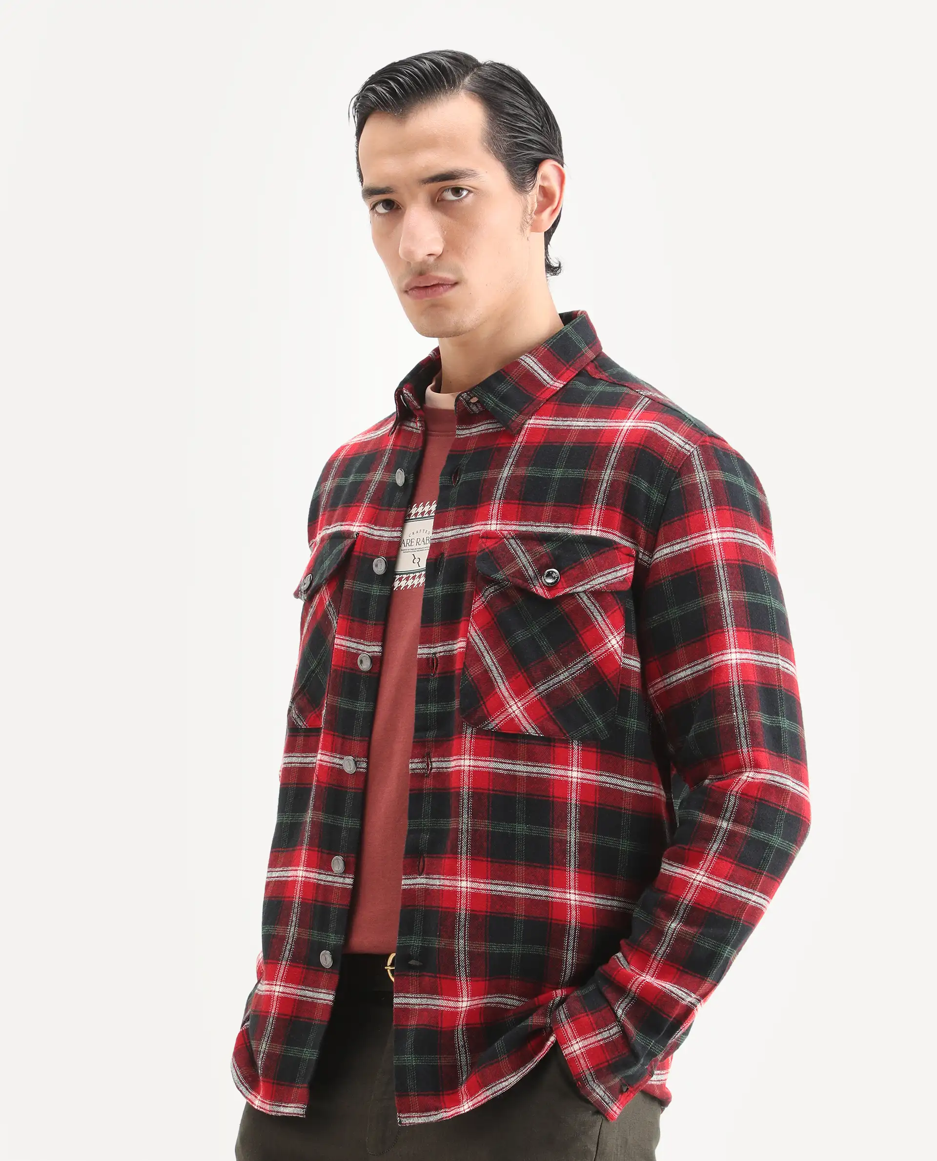 Rare Rabbit Men's Bardot Dark Red Cotton Checked Print Relaxed Fit Full Sleeve Collared Shacket - Image 4
