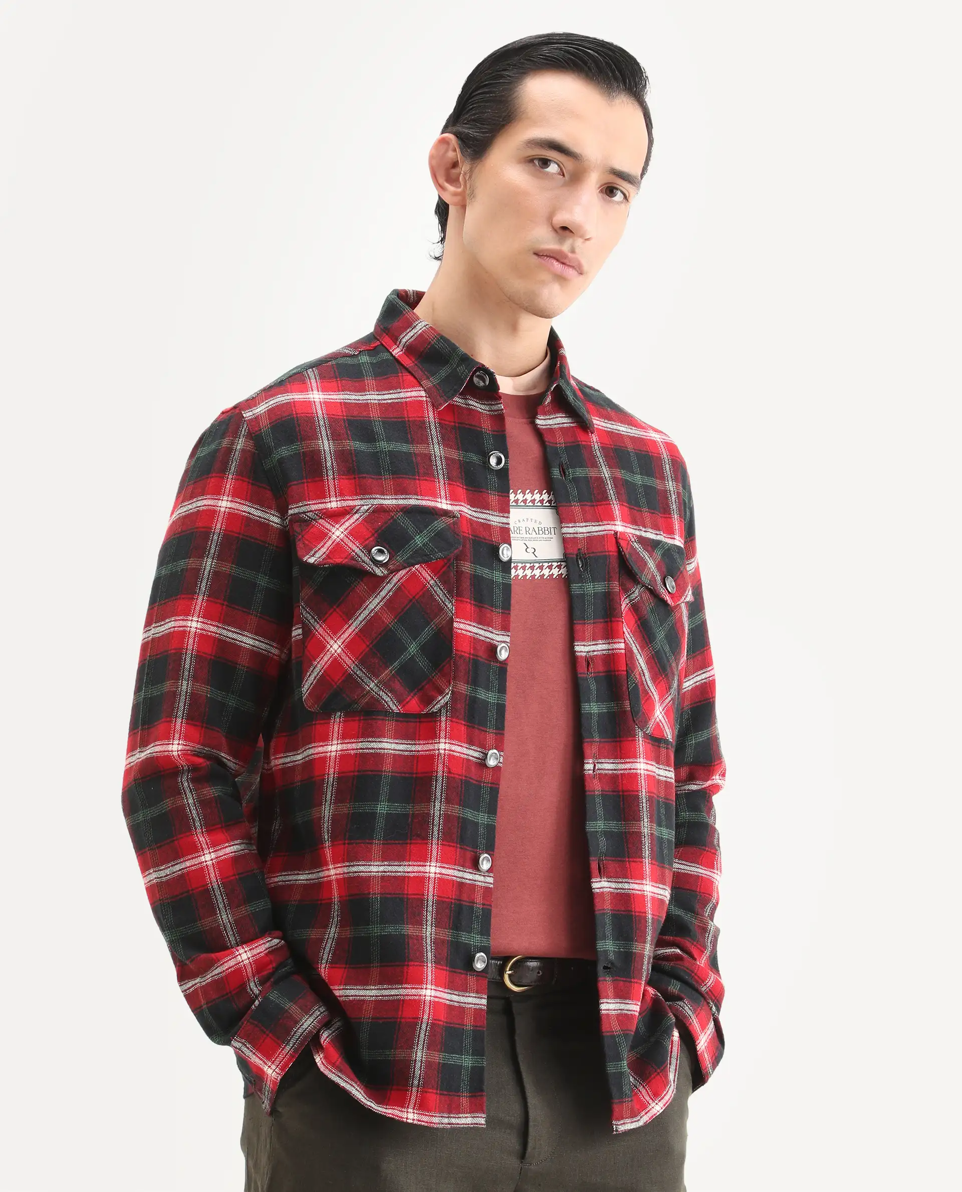 Rare Rabbit Men's Bardot Dark Red Cotton Checked Print Relaxed Fit Full Sleeve Collared Shacket - Image 5