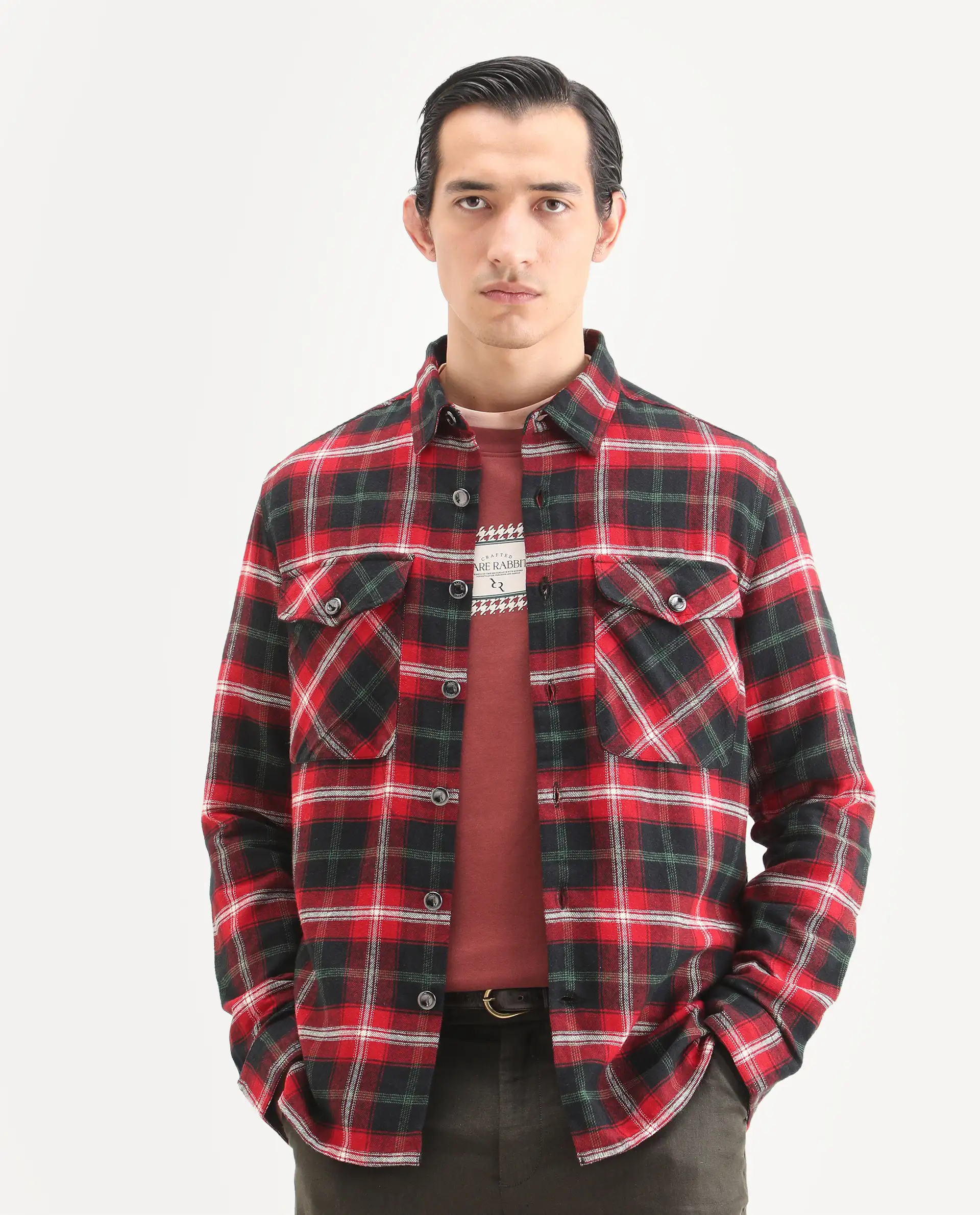 Rare Rabbit Men's Bardot Dark Red Cotton Checked Print Relaxed Fit Full Sleeve Collared Shacket - Image 6