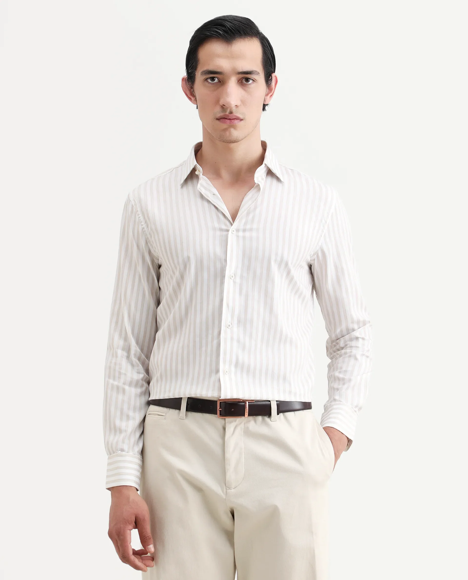 Rare Rabbit Men's Bari Beige Cotton Blend Striped Print Regular Fit Full Sleeve Collared Shirt