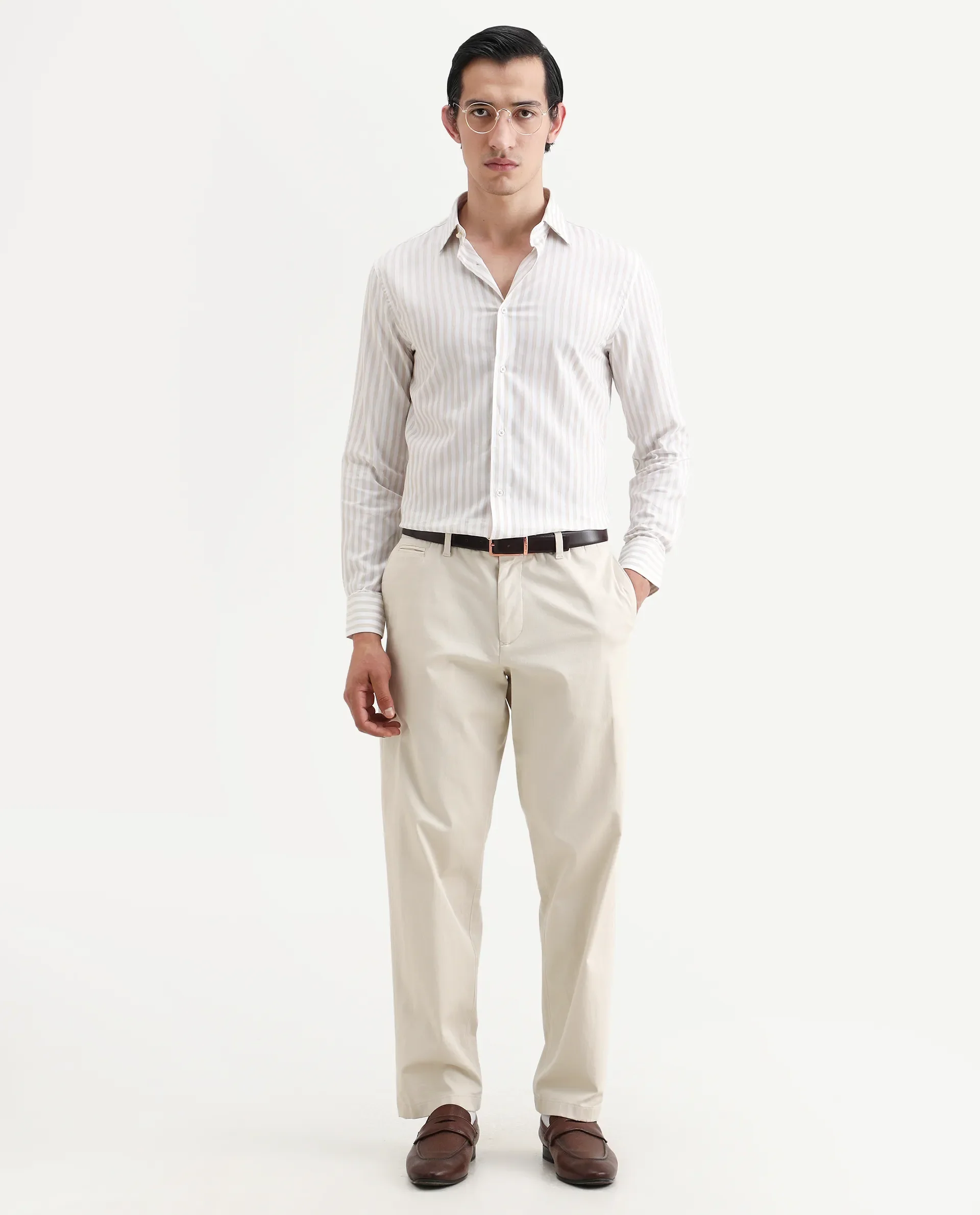 Rare Rabbit Men's Bari Beige Cotton Blend Striped Print Regular Fit Full Sleeve Collared Shirt - Image 2