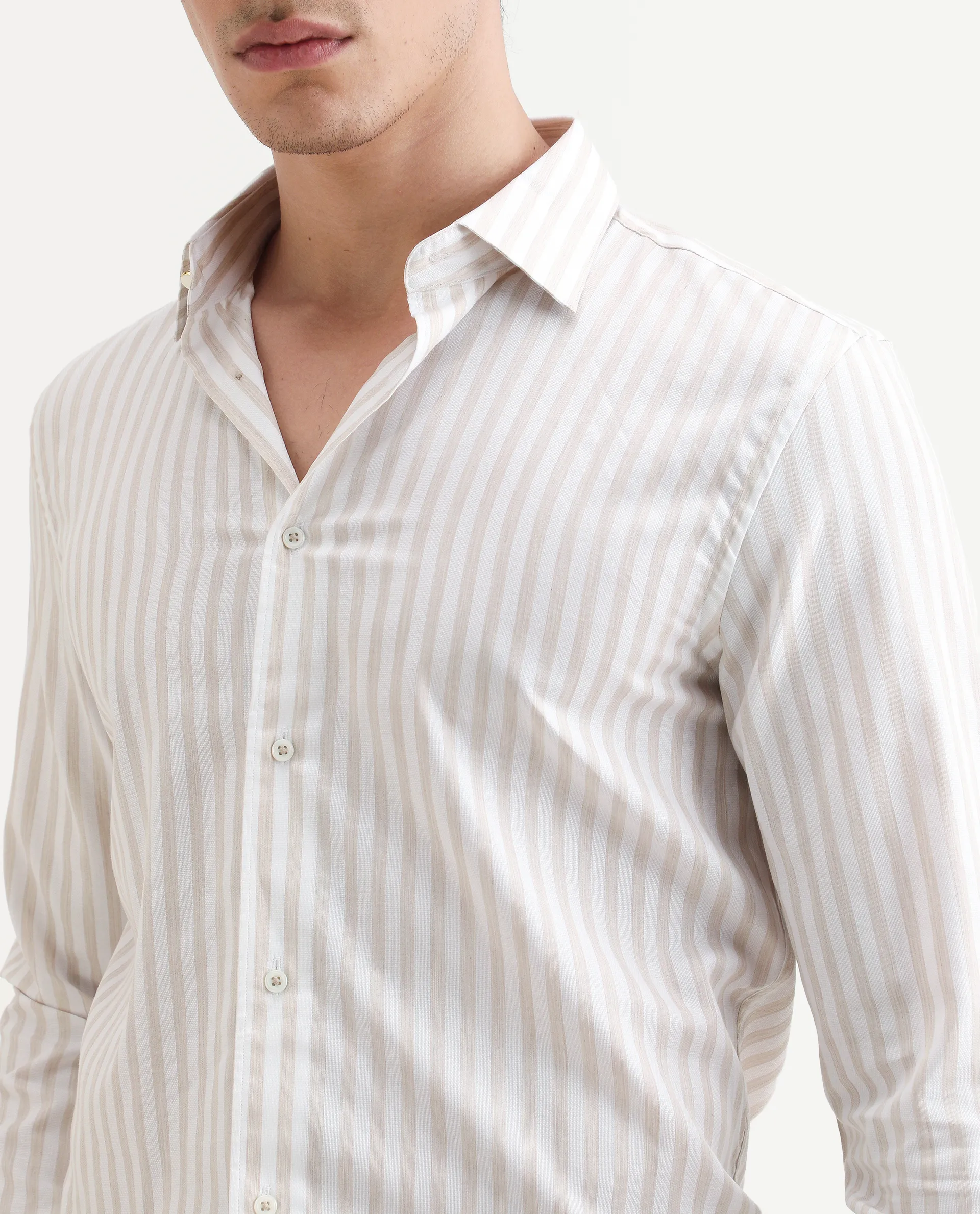 Rare Rabbit Men's Bari Beige Cotton Blend Striped Print Regular Fit Full Sleeve Collared Shirt - Image 3