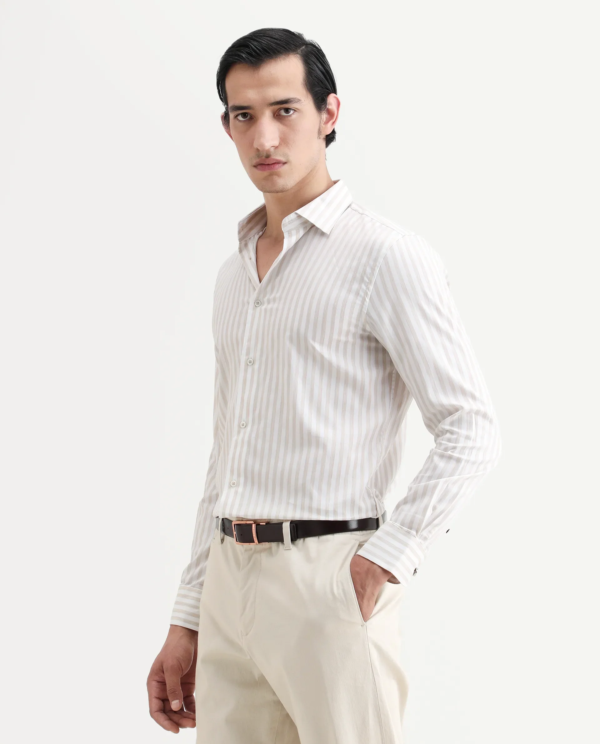 Rare Rabbit Men's Bari Beige Cotton Blend Striped Print Regular Fit Full Sleeve Collared Shirt - Image 4