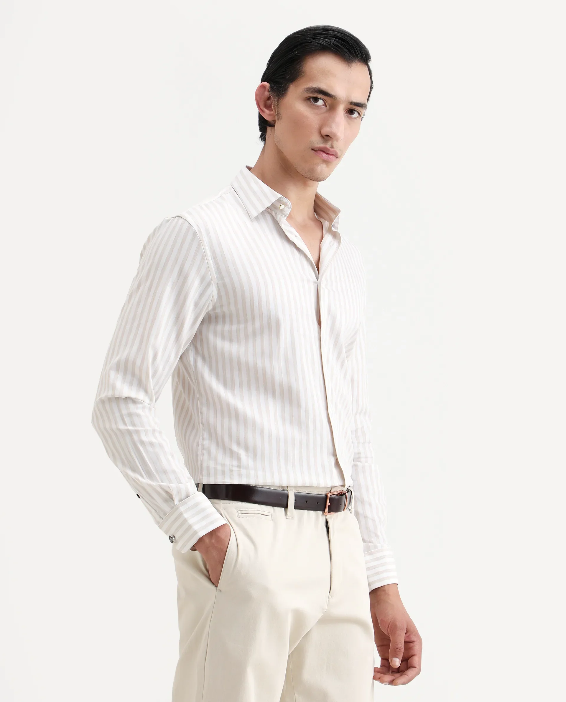 Rare Rabbit Men's Bari Beige Cotton Blend Striped Print Regular Fit Full Sleeve Collared Shirt - Image 5