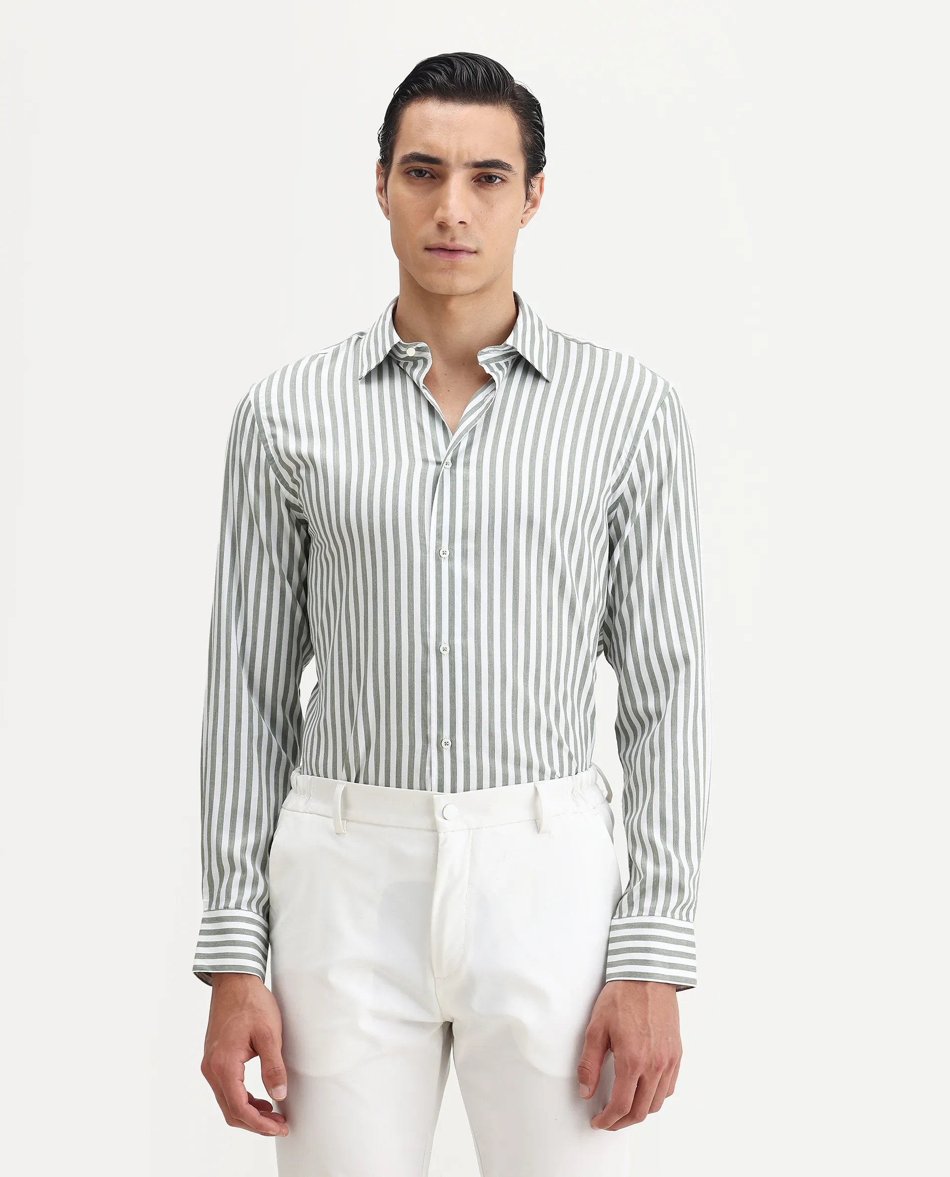 Rare Rabbit Men's Bari Dusky Green Cotton Blend Striped Print Regular Fit Full Sleeve Collared Shirt - Image 3