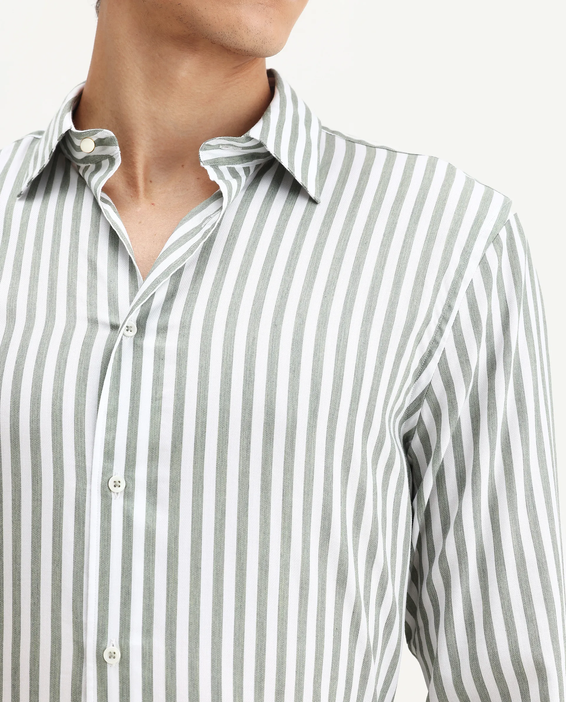 Rare Rabbit Men's Bari Dusky Green Cotton Blend Striped Print Regular Fit Full Sleeve Collared Shirt - Image 4