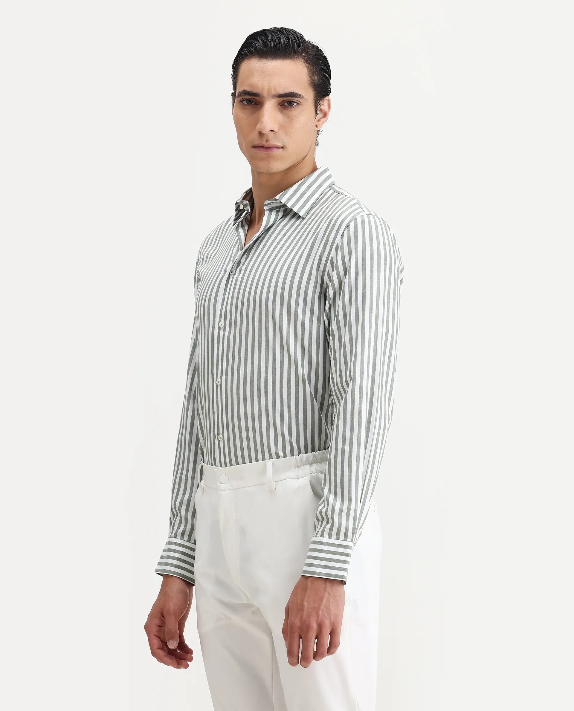 Rare Rabbit Men's Bari Dusky Green Cotton Blend Striped Print Regular Fit Full Sleeve Collared Shirt - Image 5