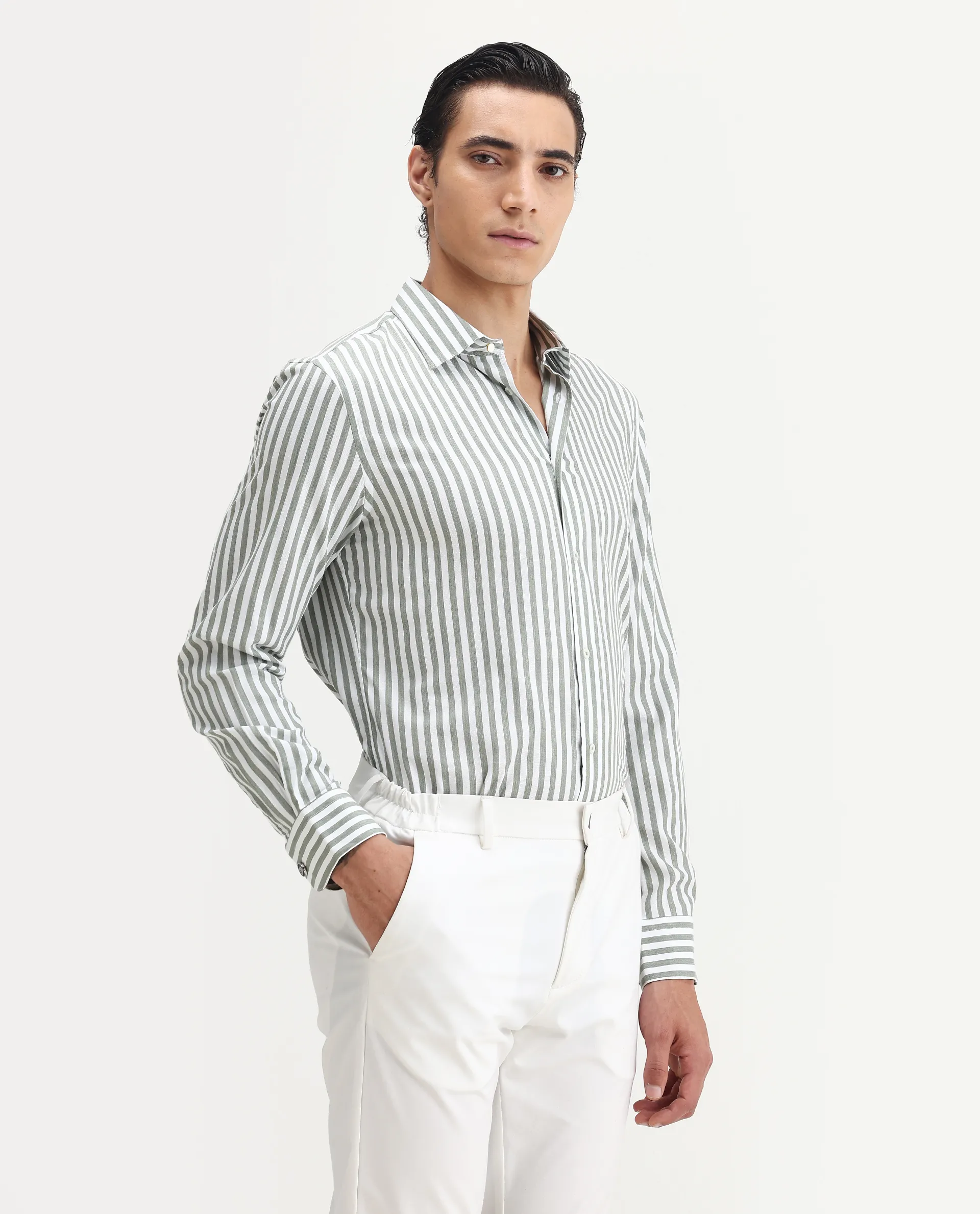 Rare Rabbit Men's Bari Dusky Green Cotton Blend Striped Print Regular Fit Full Sleeve Collared Shirt - Image 6