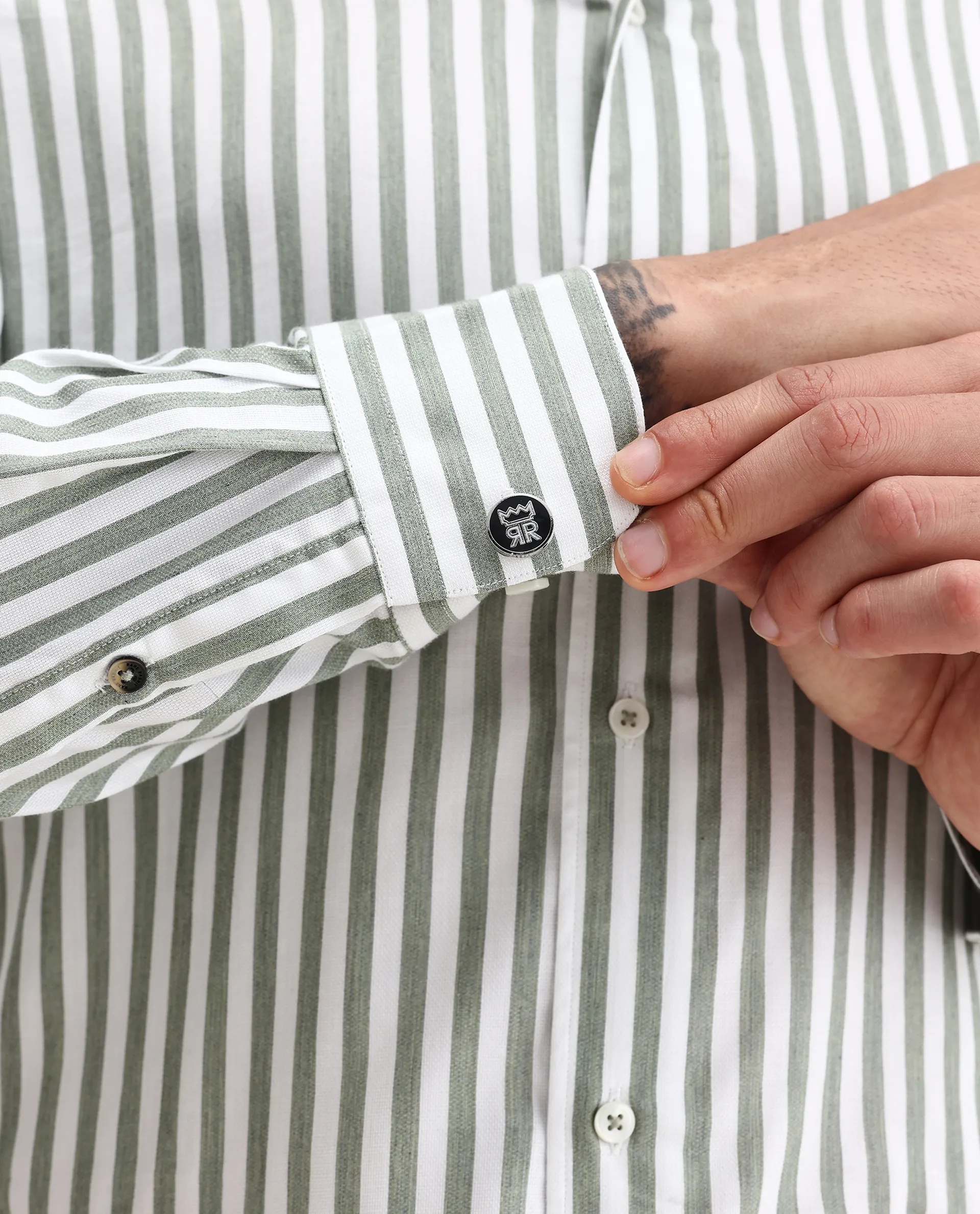 Rare Rabbit Men's Bari Dusky Green Cotton Blend Striped Print Regular Fit Full Sleeve Collared Shirt - Image 7