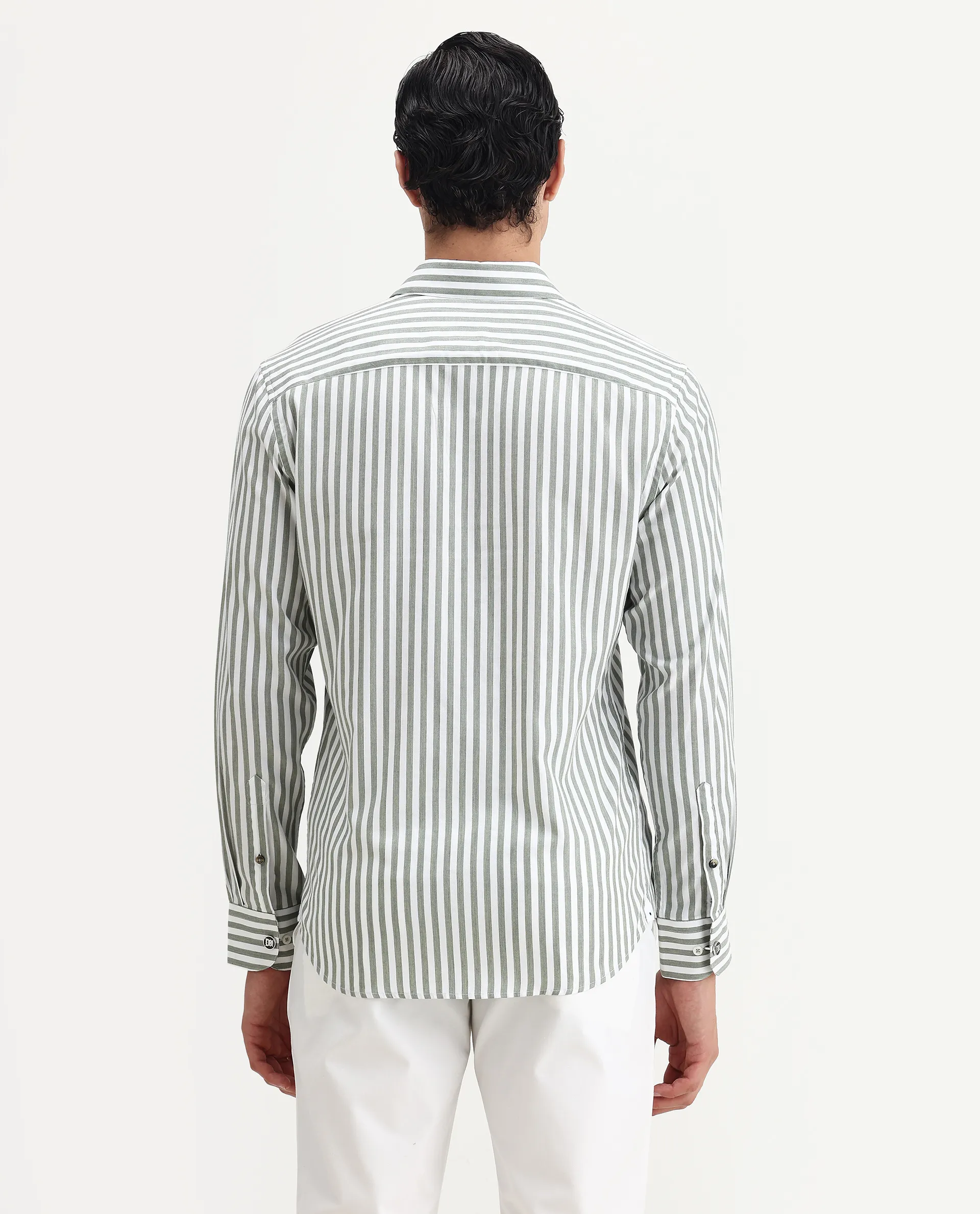 Rare Rabbit Men's Bari Dusky Green Cotton Blend Striped Print Regular Fit Full Sleeve Collared Shirt - Image 8