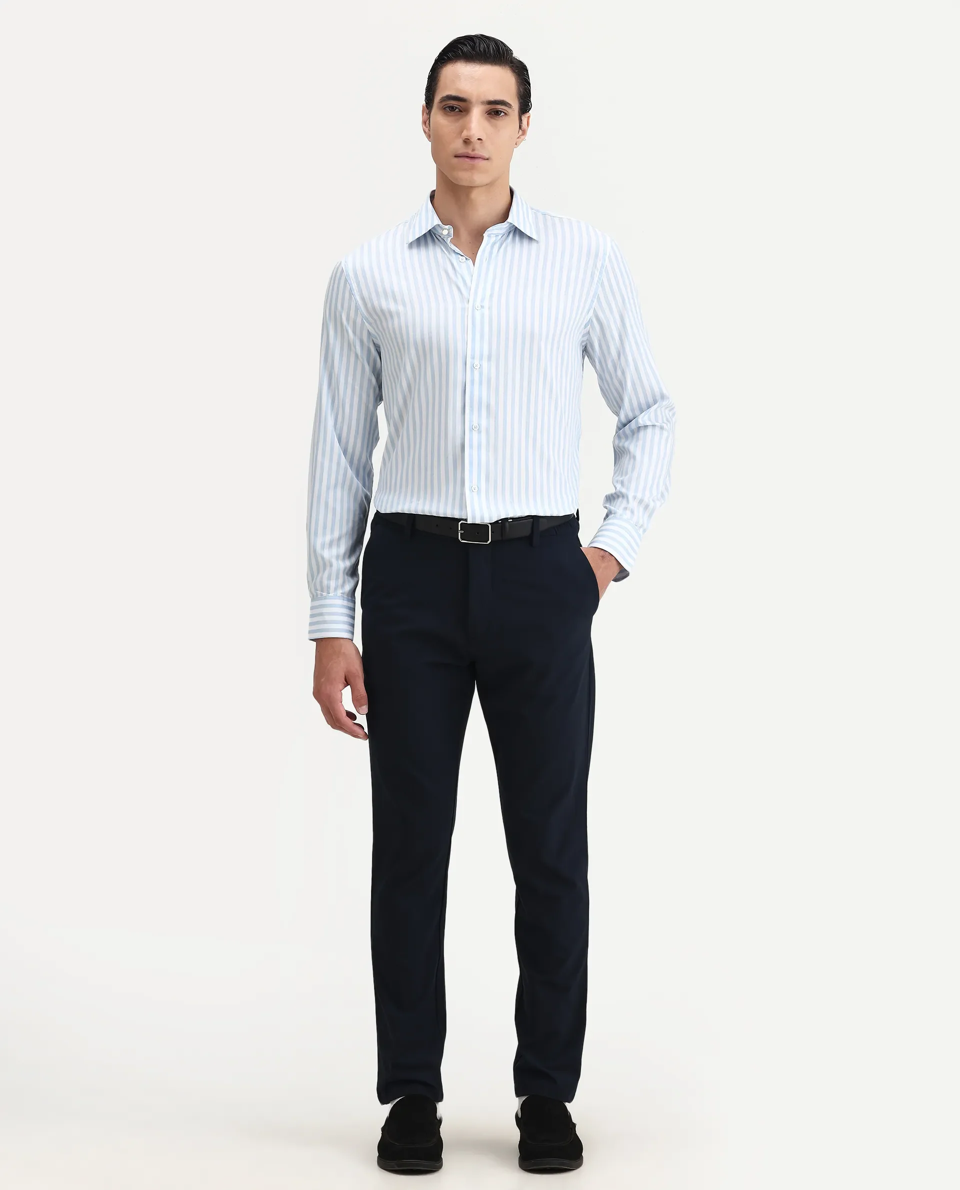 Rare Rabbit Men's Bari Light Blue Cotton Blend Striped Print Regular Fit Full Sleeve Collared Shirt - Image 2