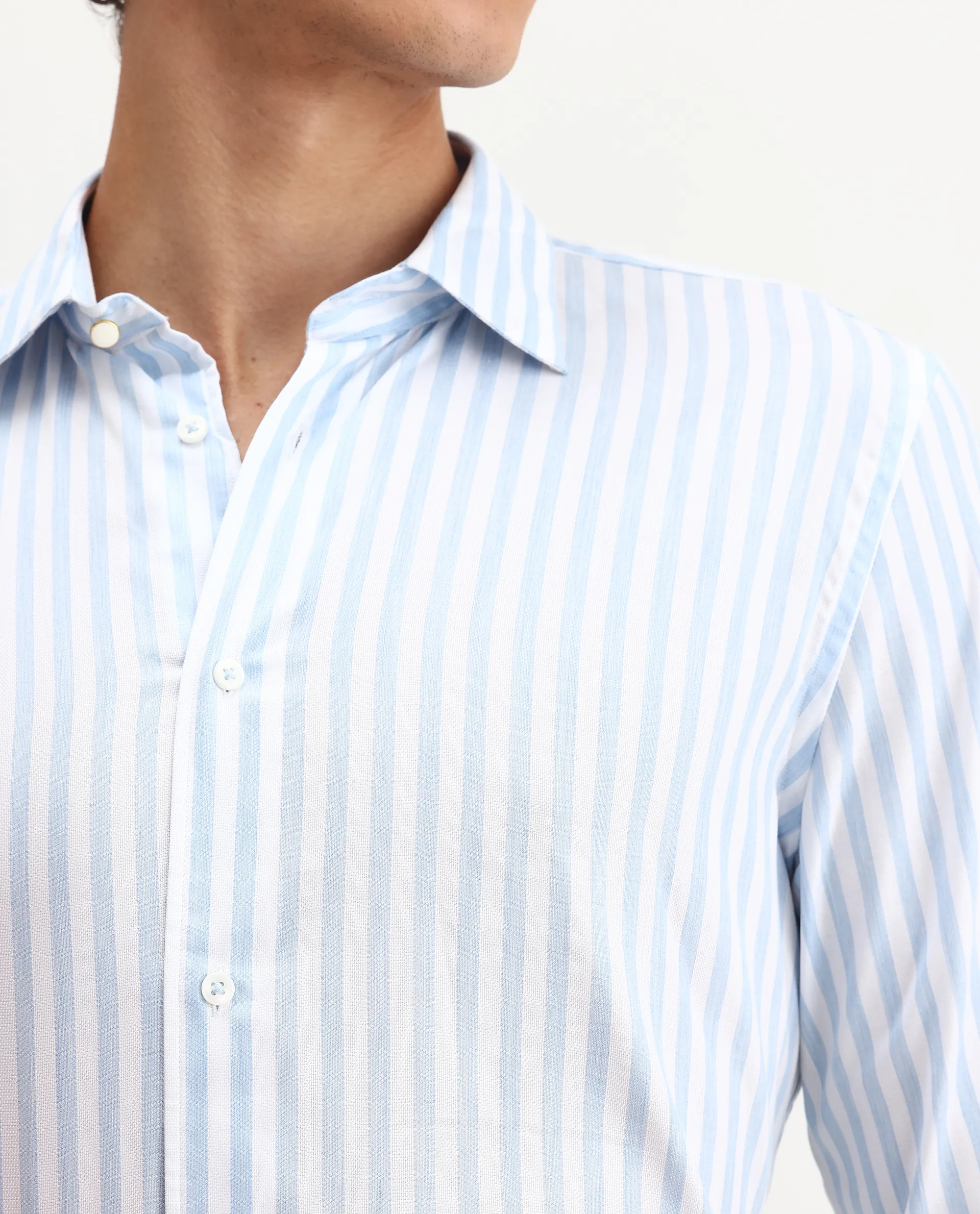Rare Rabbit Men's Bari Light Blue Cotton Blend Striped Print Regular Fit Full Sleeve Collared Shirt - Image 3