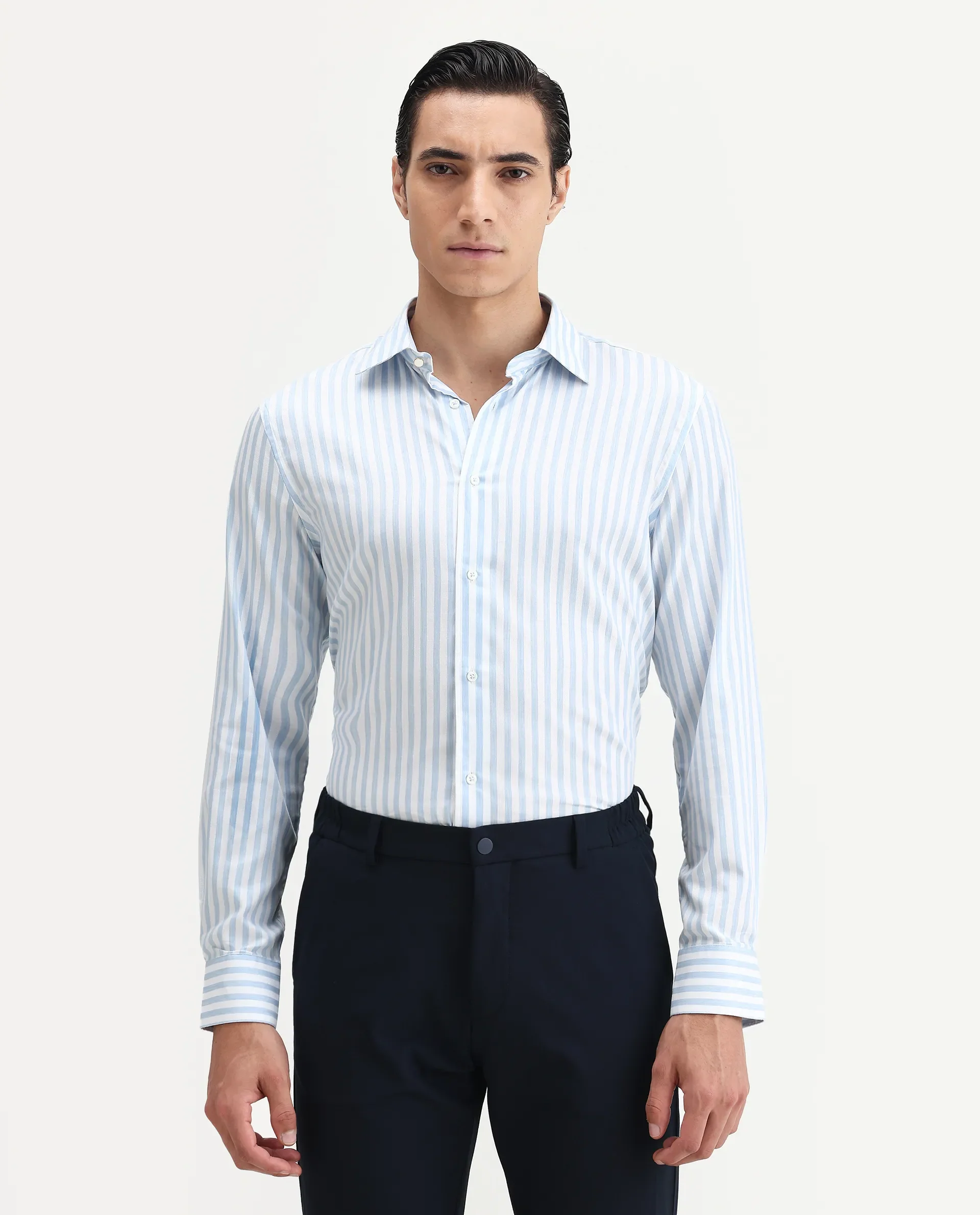 Rare Rabbit Men's Bari Light Blue Cotton Blend Striped Print Regular Fit Full Sleeve Collared Shirt - Image 4