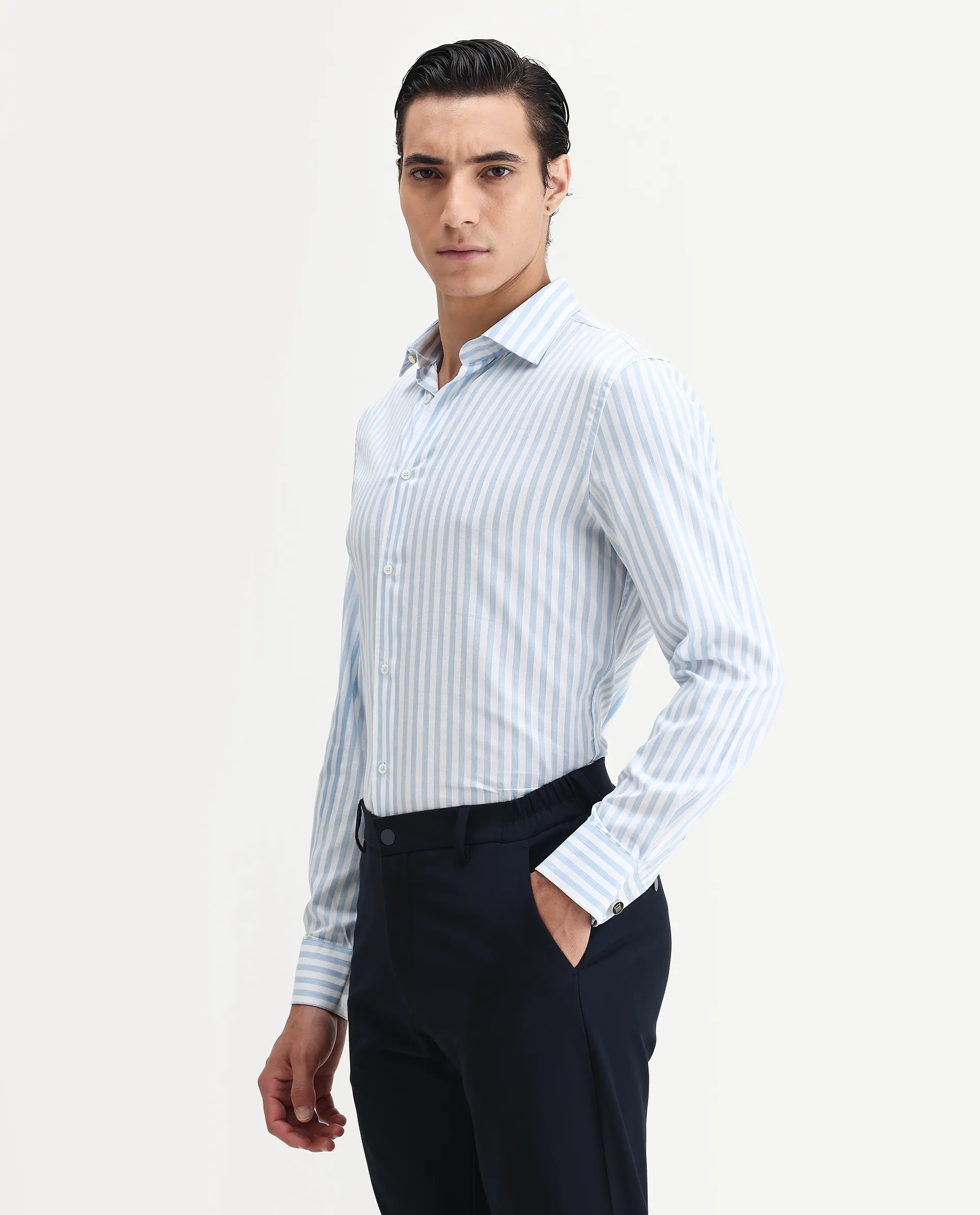 Rare Rabbit Men's Bari Light Blue Cotton Blend Striped Print Regular Fit Full Sleeve Collared Shirt - Image 5