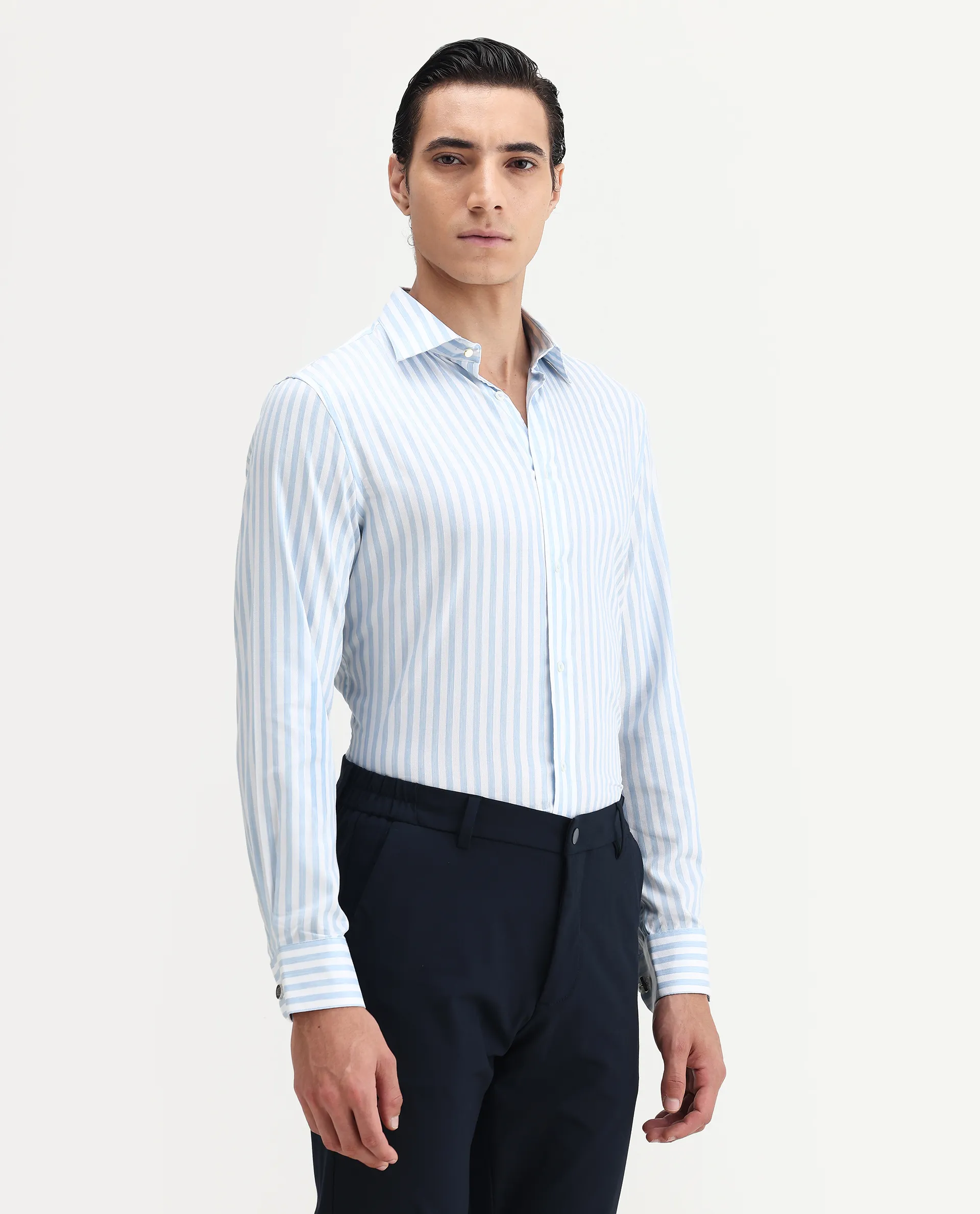 Rare Rabbit Men's Bari Light Blue Cotton Blend Striped Print Regular Fit Full Sleeve Collared Shirt - Image 6