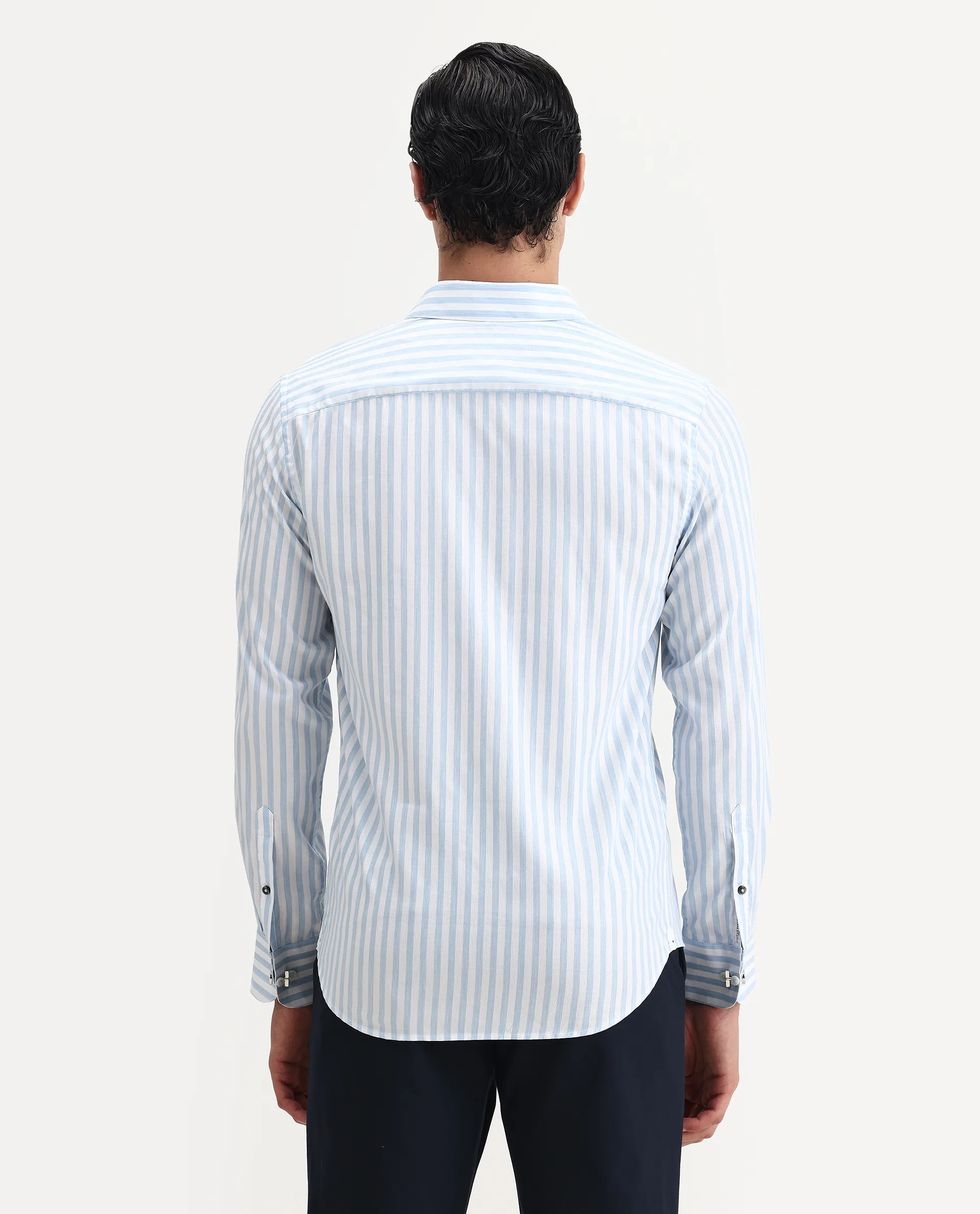 Rare Rabbit Men's Bari Light Blue Cotton Blend Striped Print Regular Fit Full Sleeve Collared Shirt - Image 7